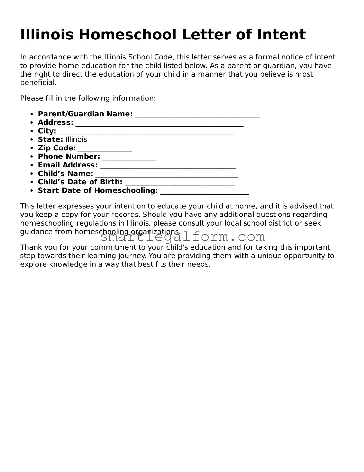 Printable Illinois Homeschool Letter of Intent Document