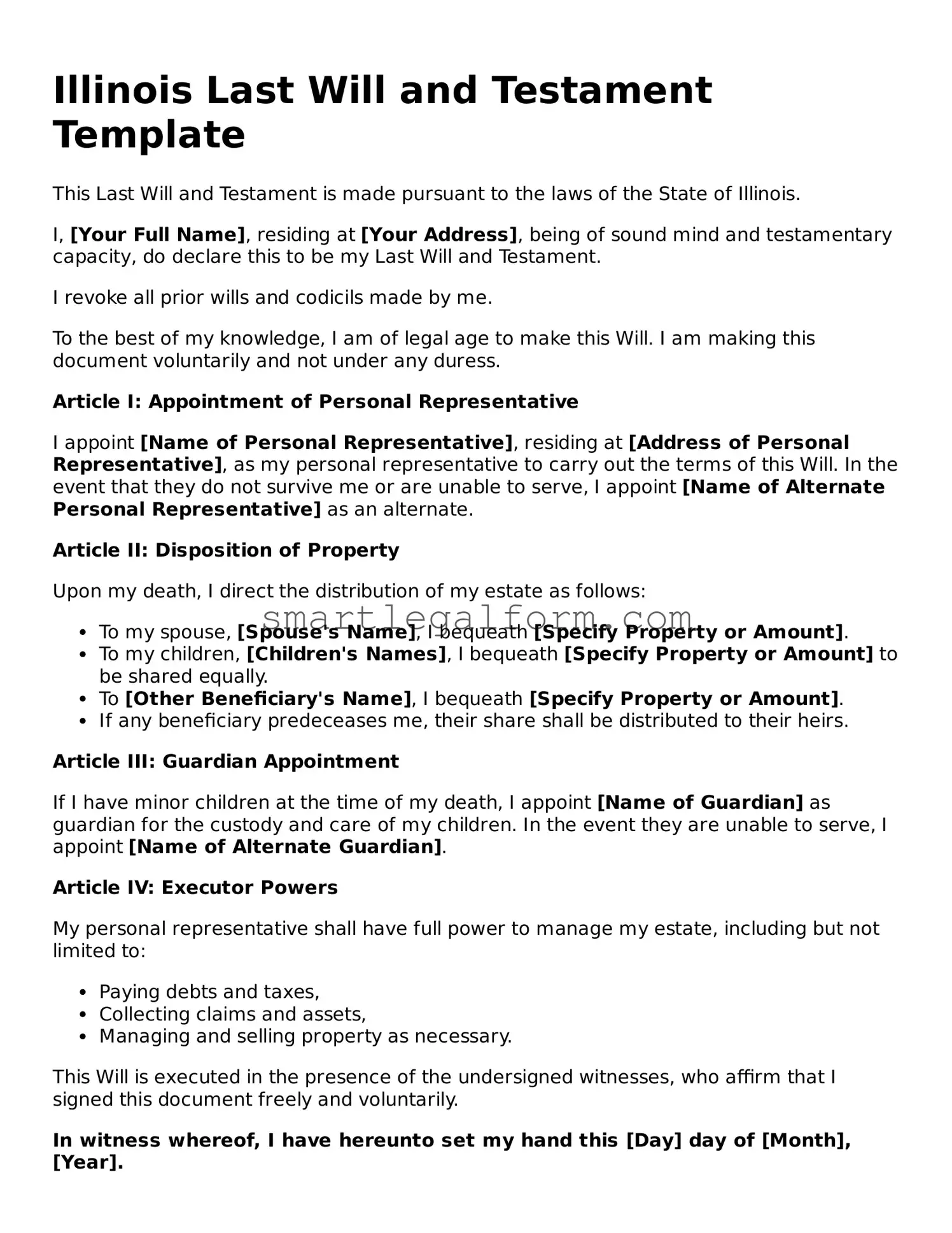 Printable Illinois Last Will and Testament Document