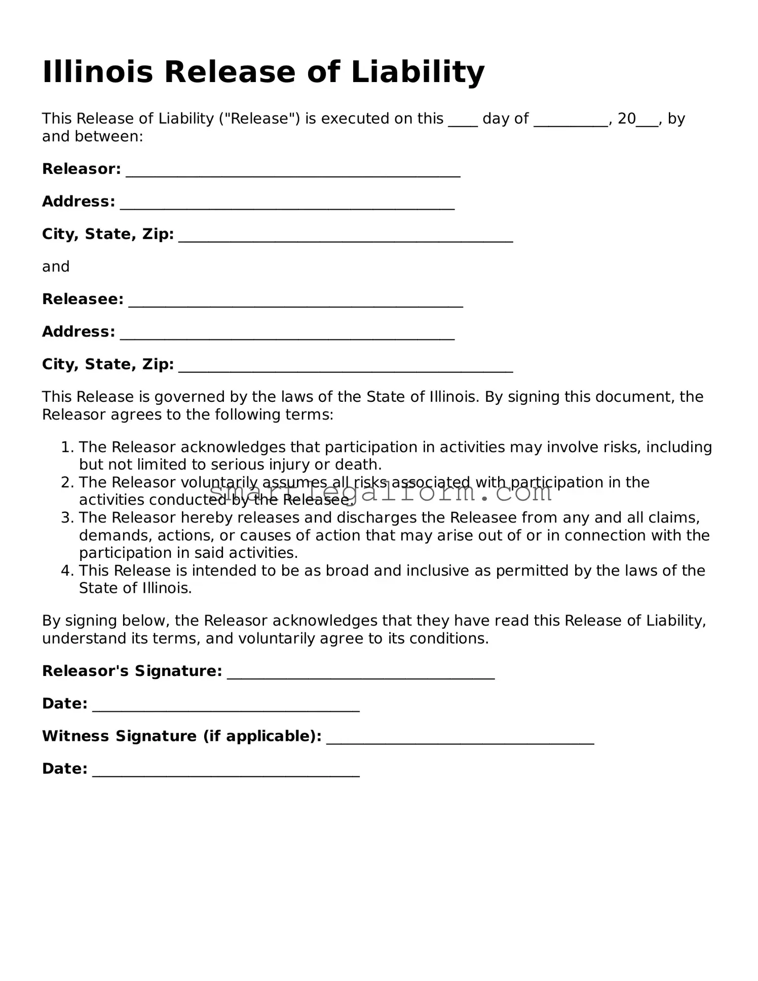 Printable Illinois Release of Liability Document