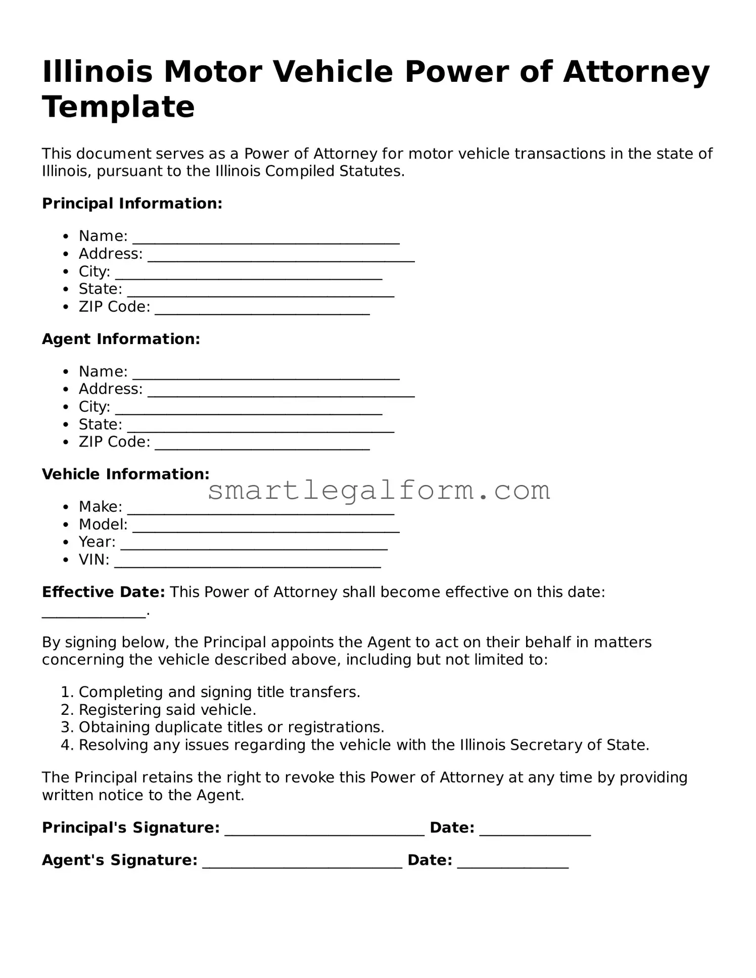 Printable Illinois Motor Vehicle Power of Attorney Document