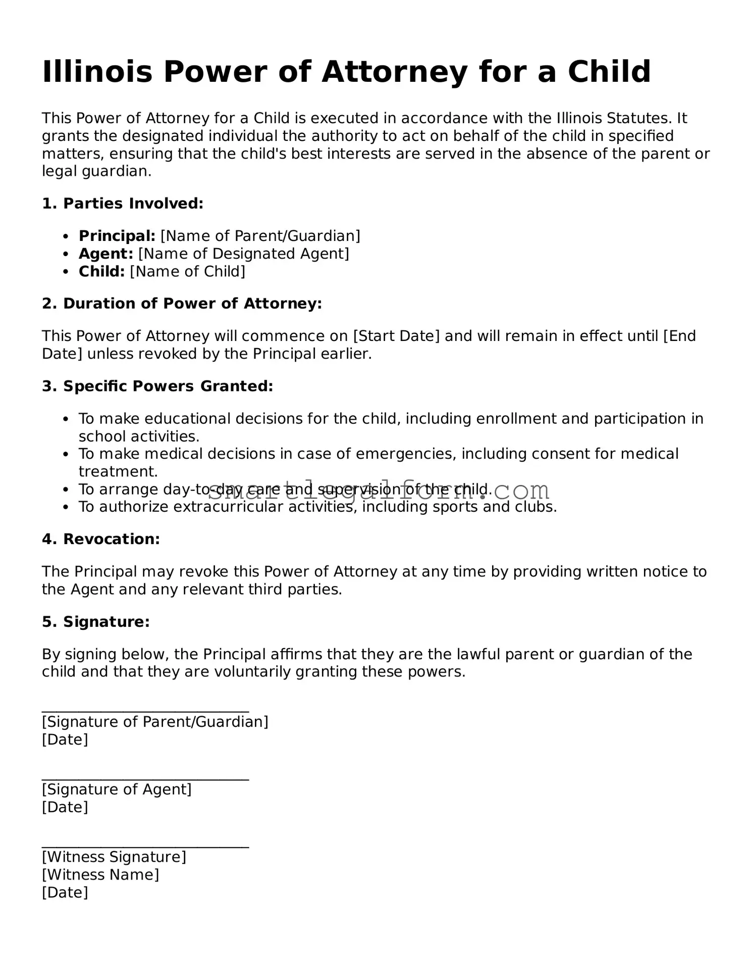 Printable Illinois Power of Attorney for a Child Document