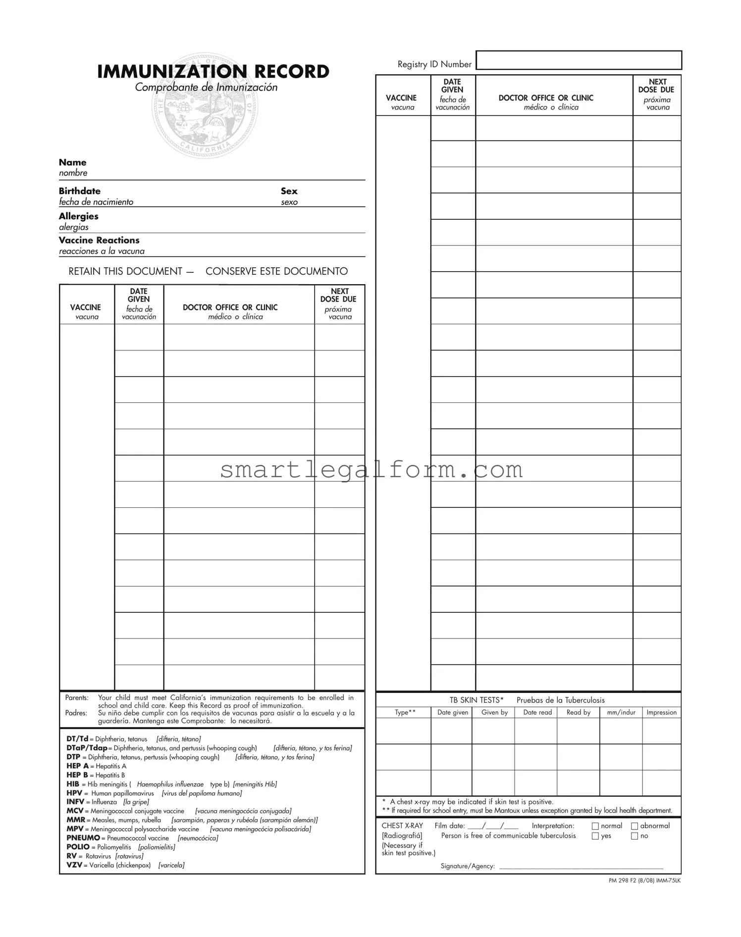 Free Immunization Record Form