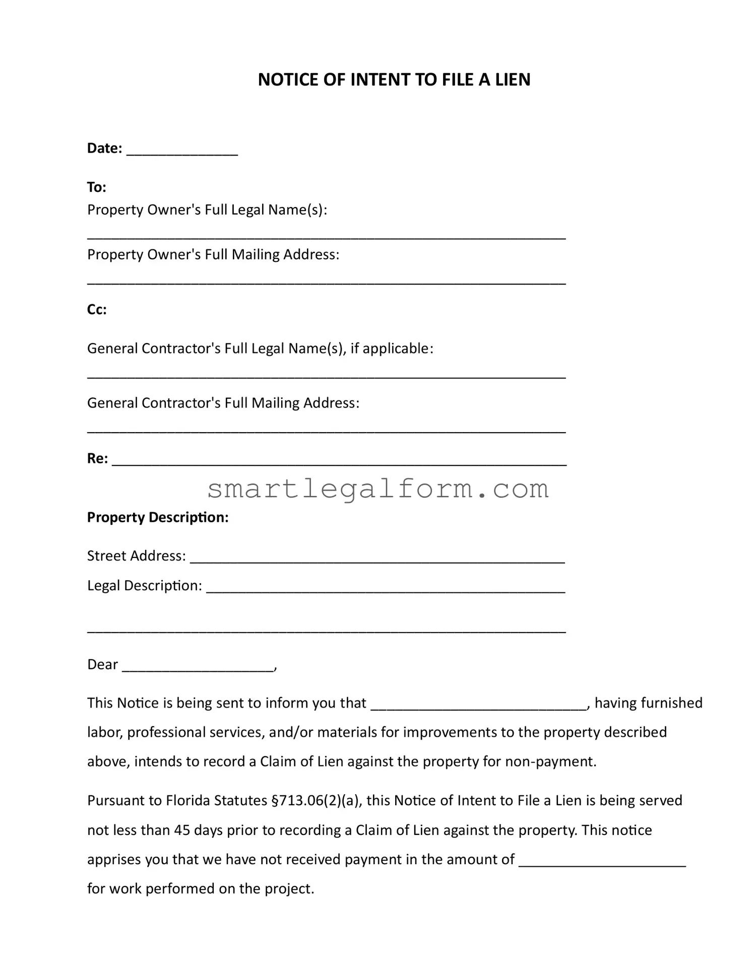 Free Intent To Lien Florida Form