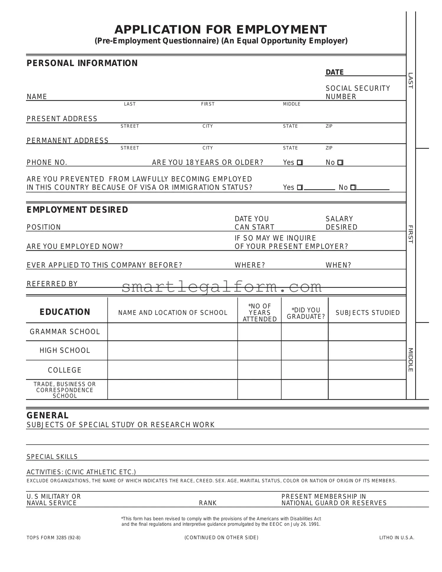 Free Employment Application Pdf Form