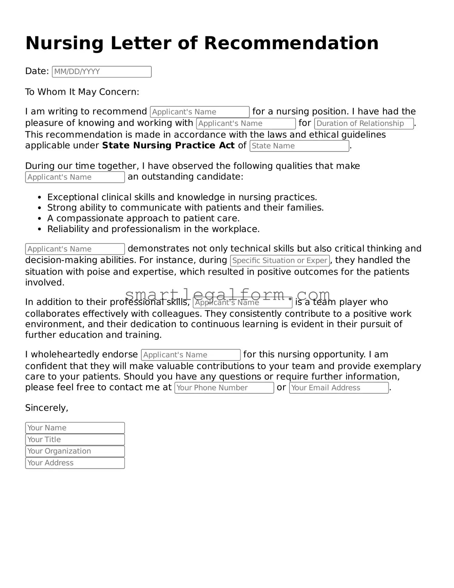 Attorney-Approved Nursing Letter of Recommendation Form