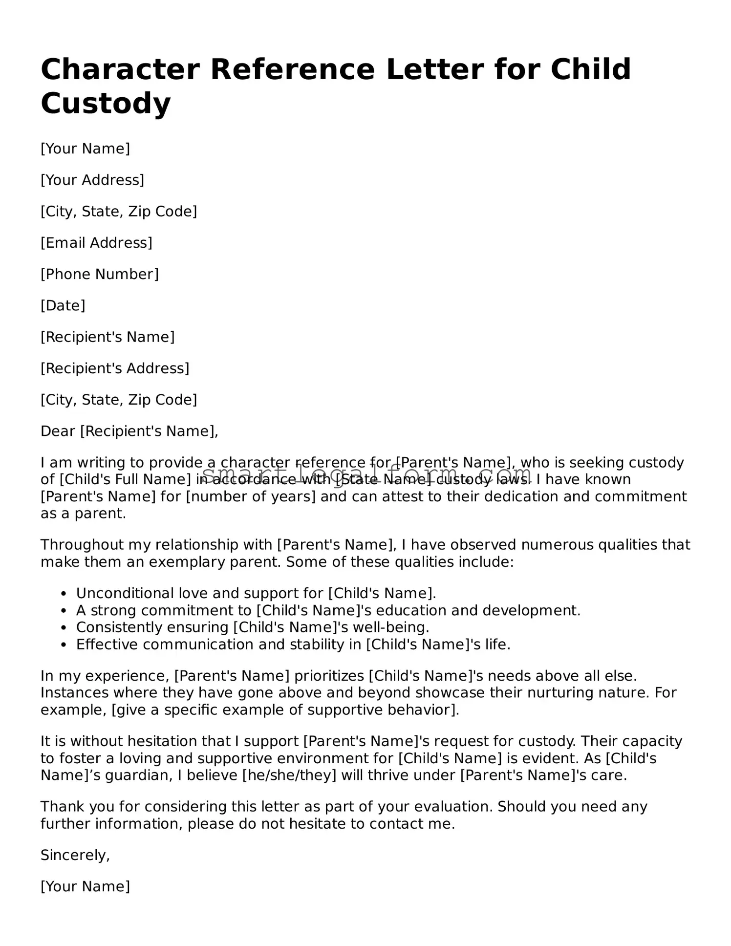 Attorney-Approved Character Reference Letter for Child Custody Form