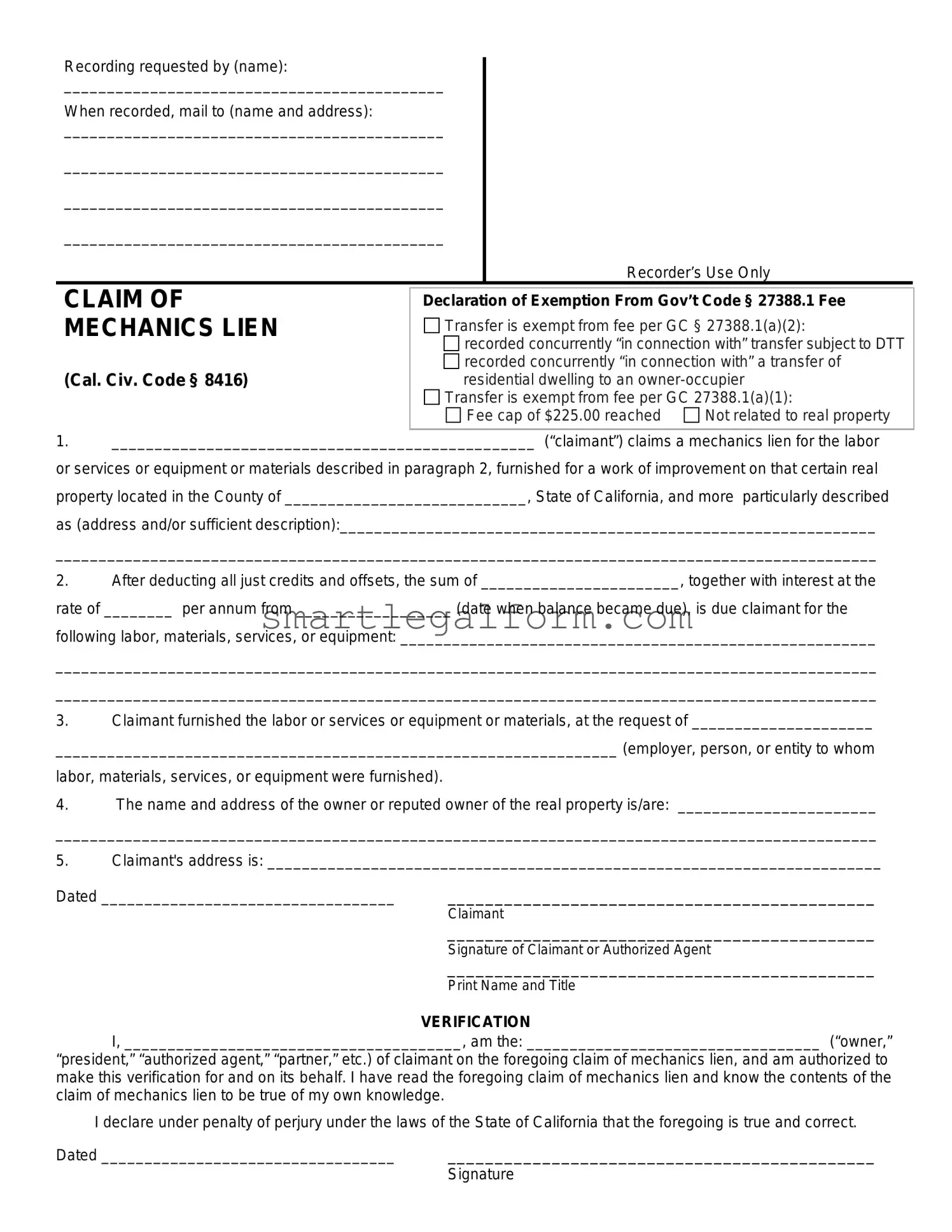 Free Mechanics Lien California Form