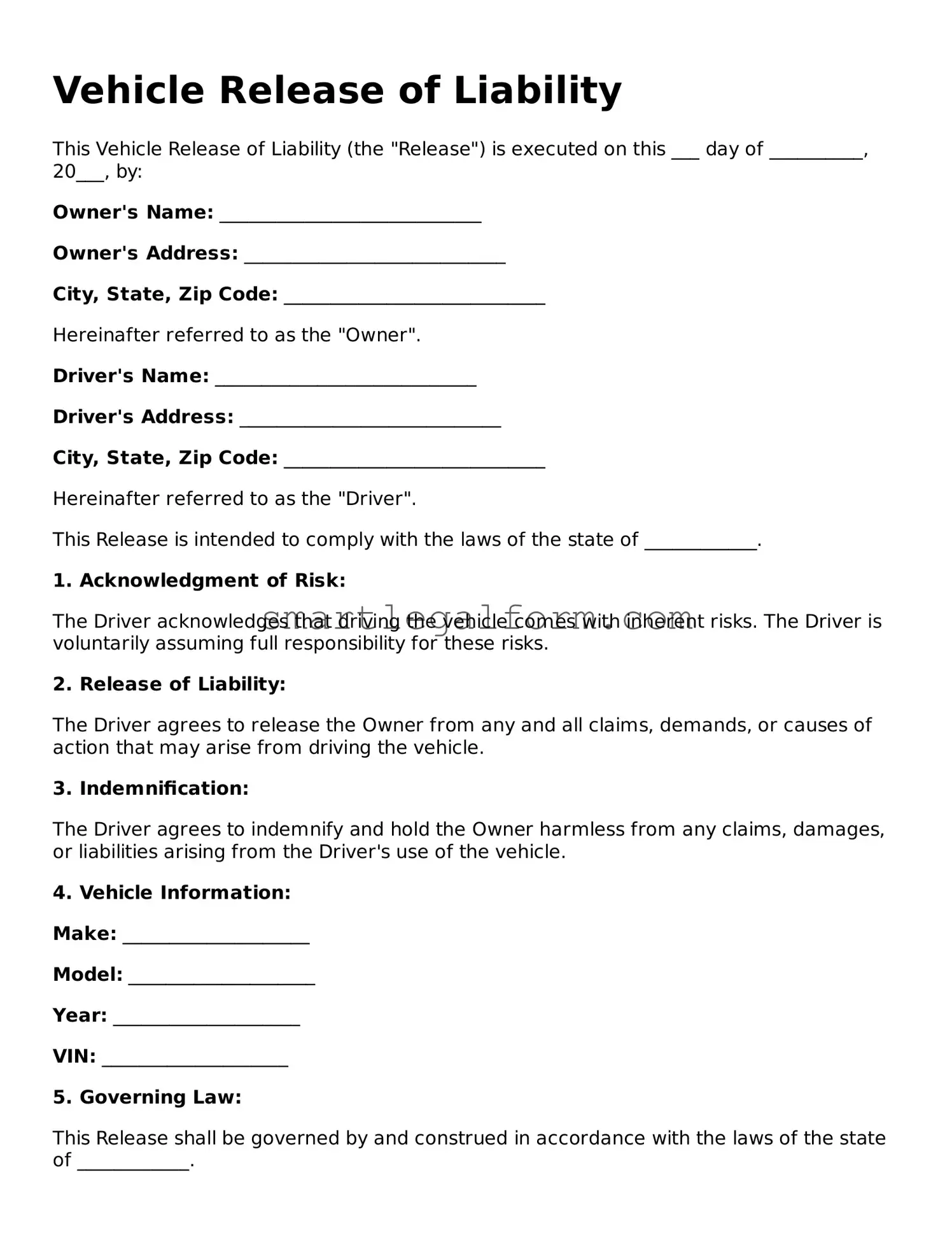 Attorney-Approved Vehicle Release of Liability Form