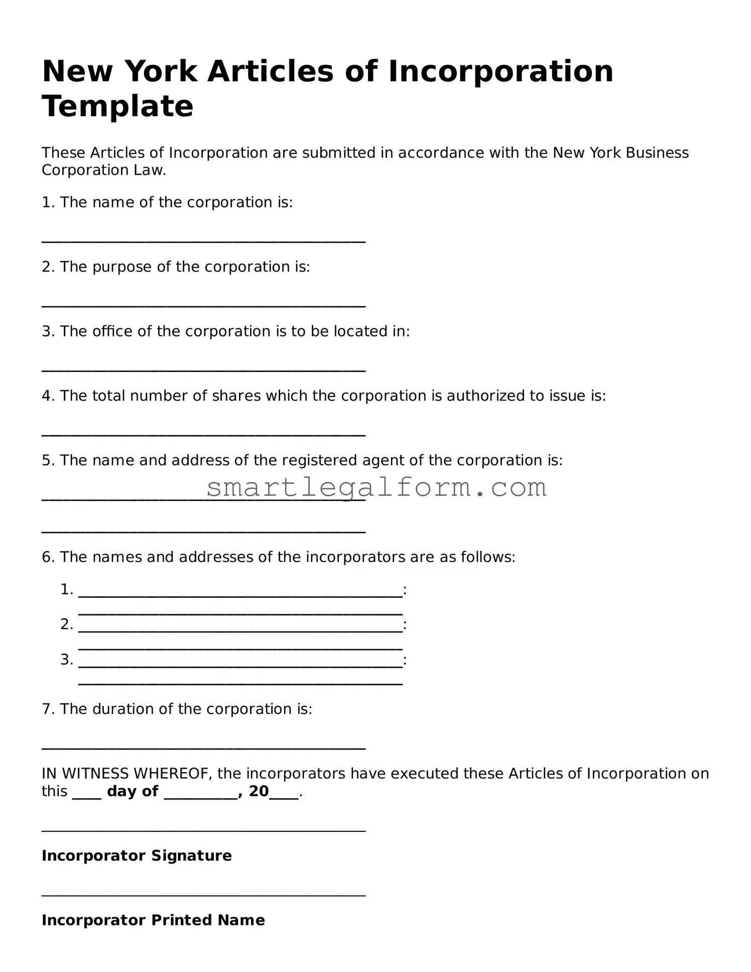 Printable New York Articles of Incorporation Document