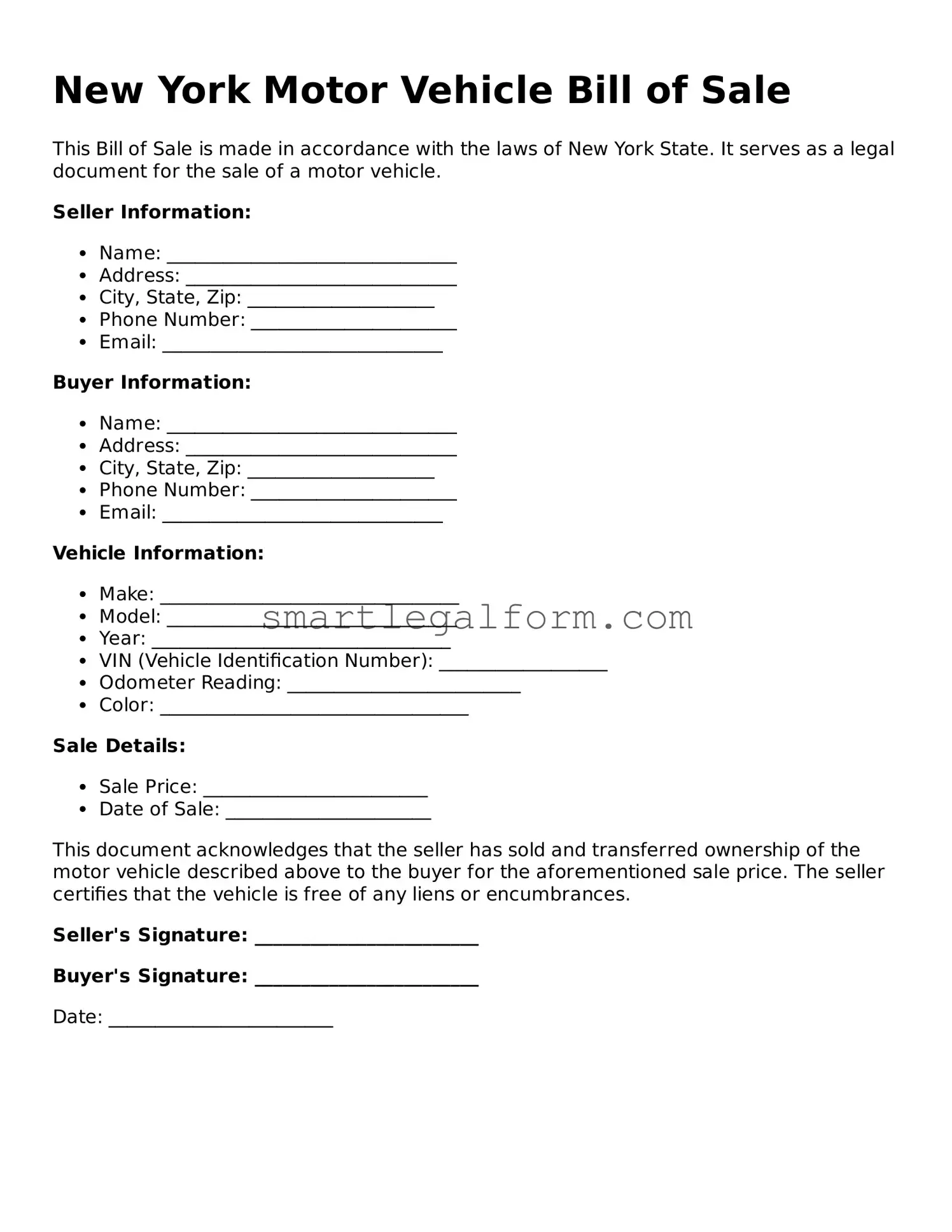 Printable New York Motor Vehicle Bill of Sale Document