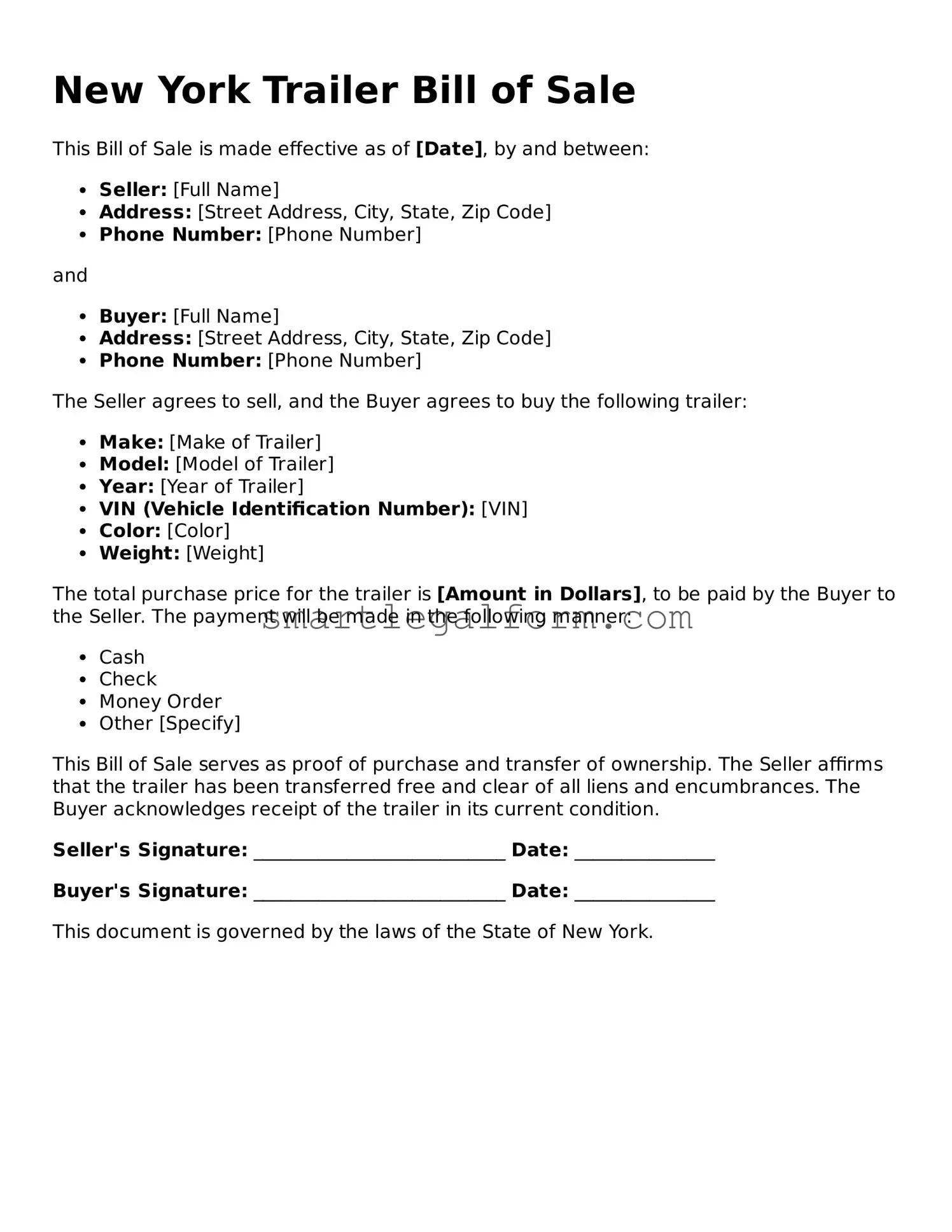 Printable New York Trailer Bill of Sale Document