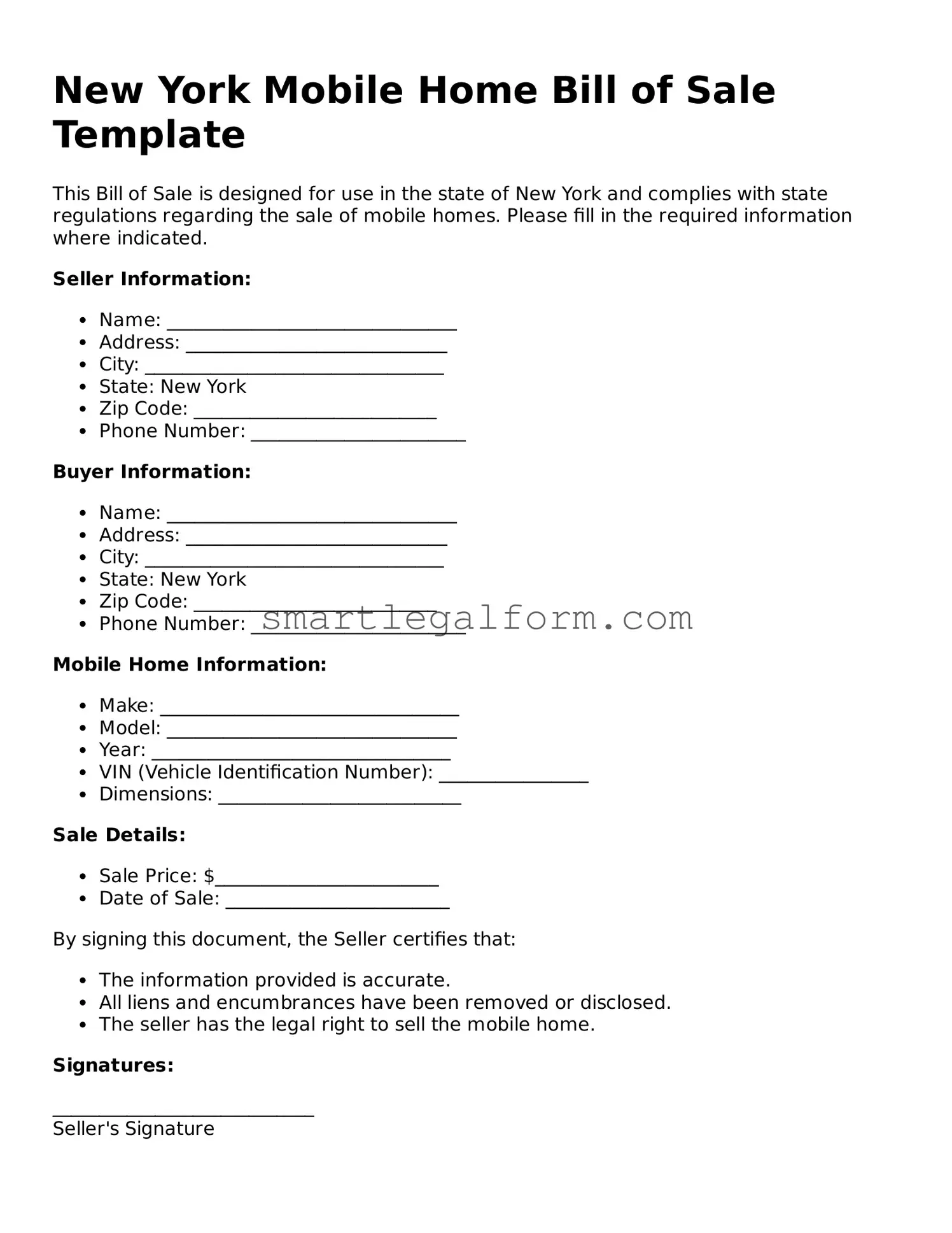 Printable New York Mobile Home Bill of Sale Document
