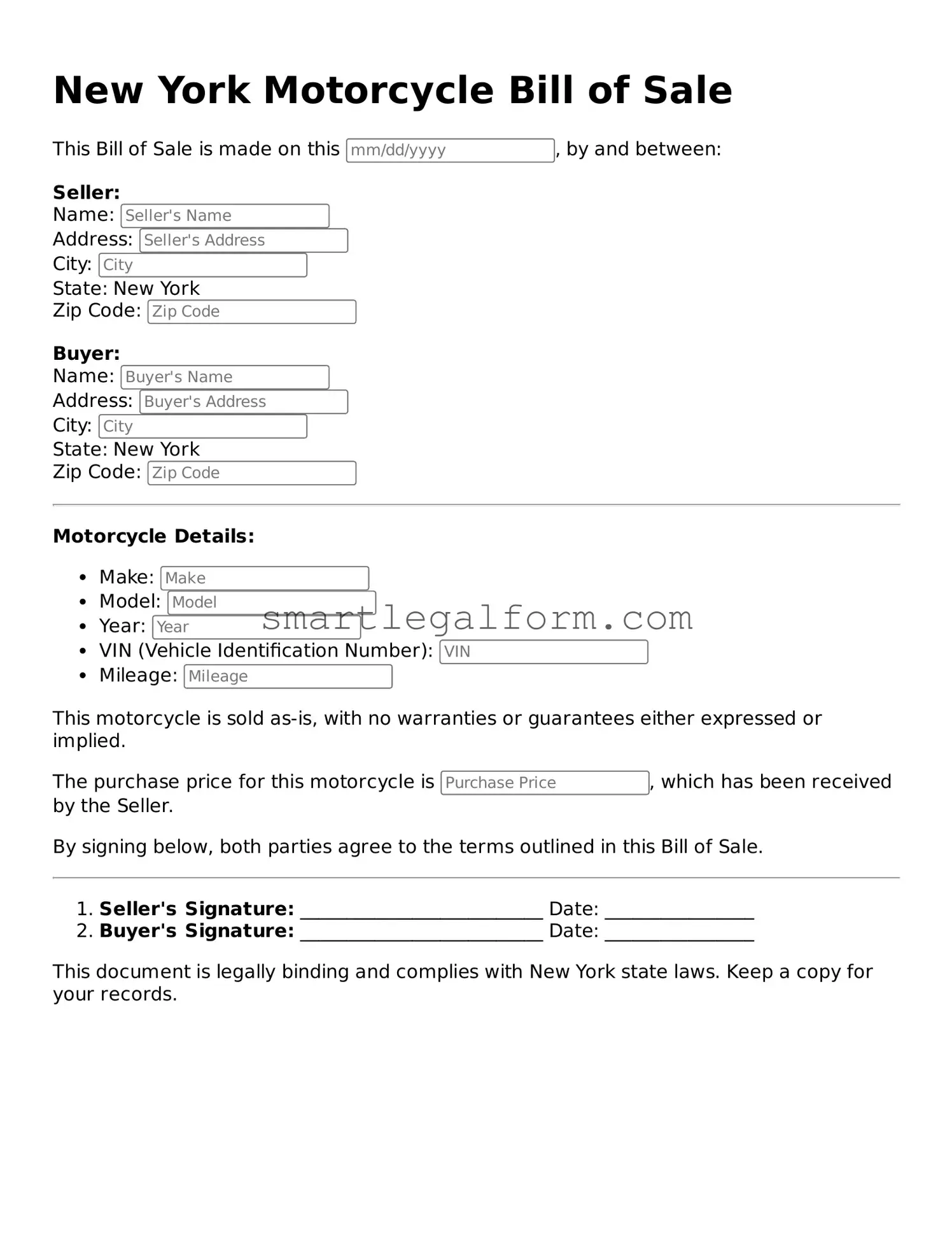 Printable New York Motorcycle Bill of Sale Document