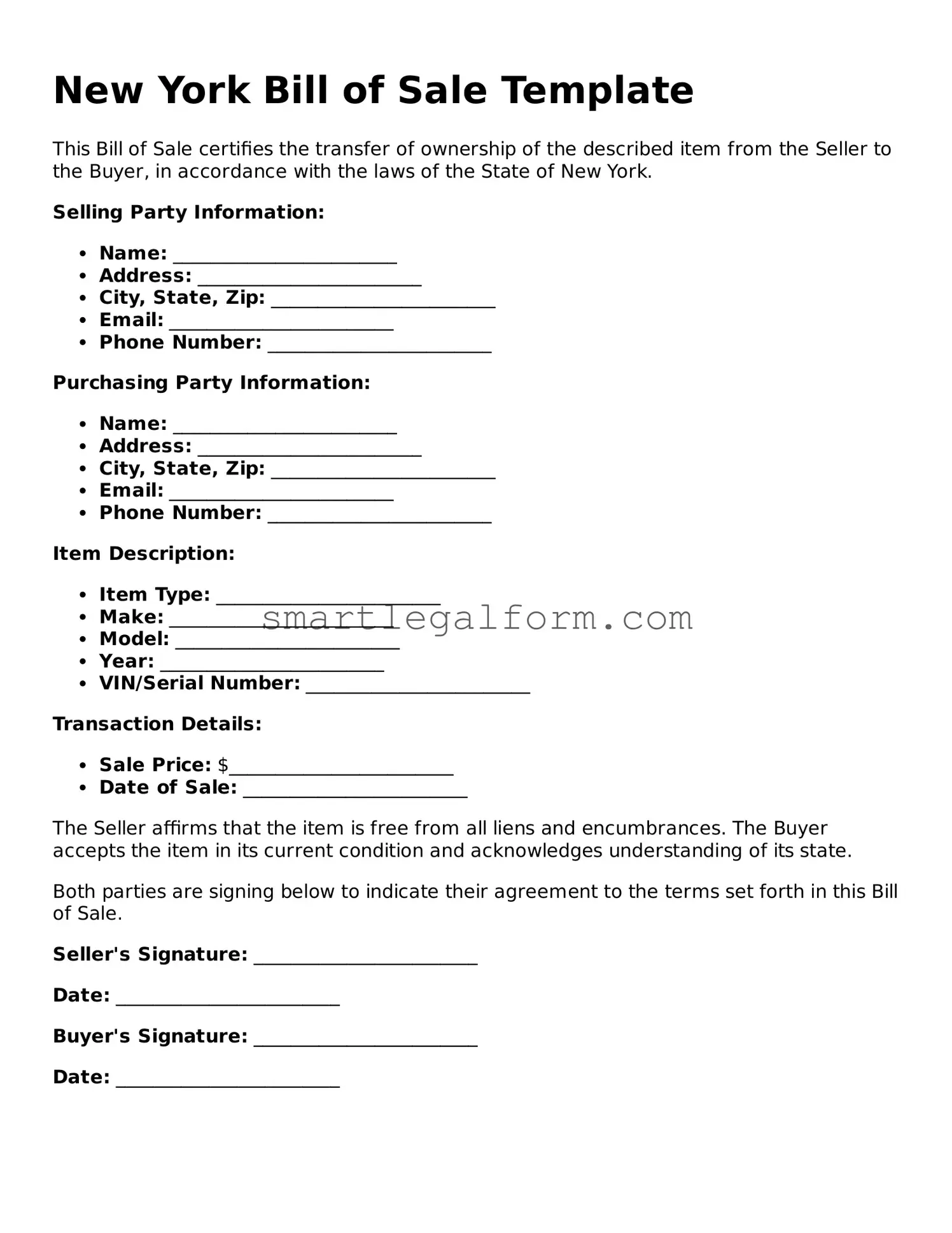 Printable New York Bill of Sale Document