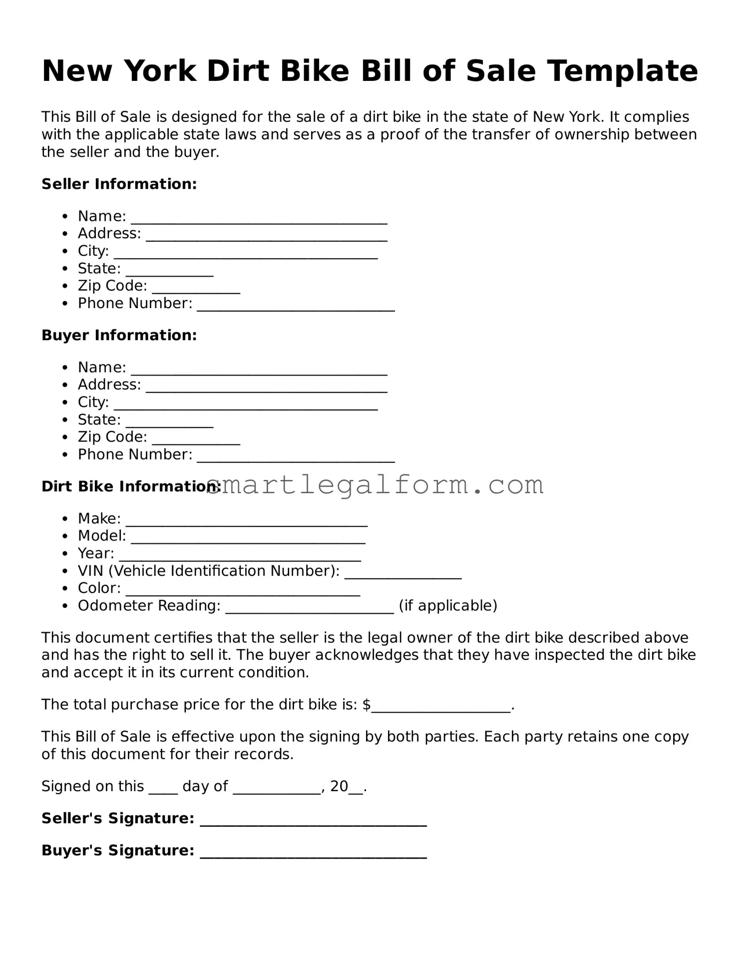 Printable New York Dirt Bike Bill of Sale Document