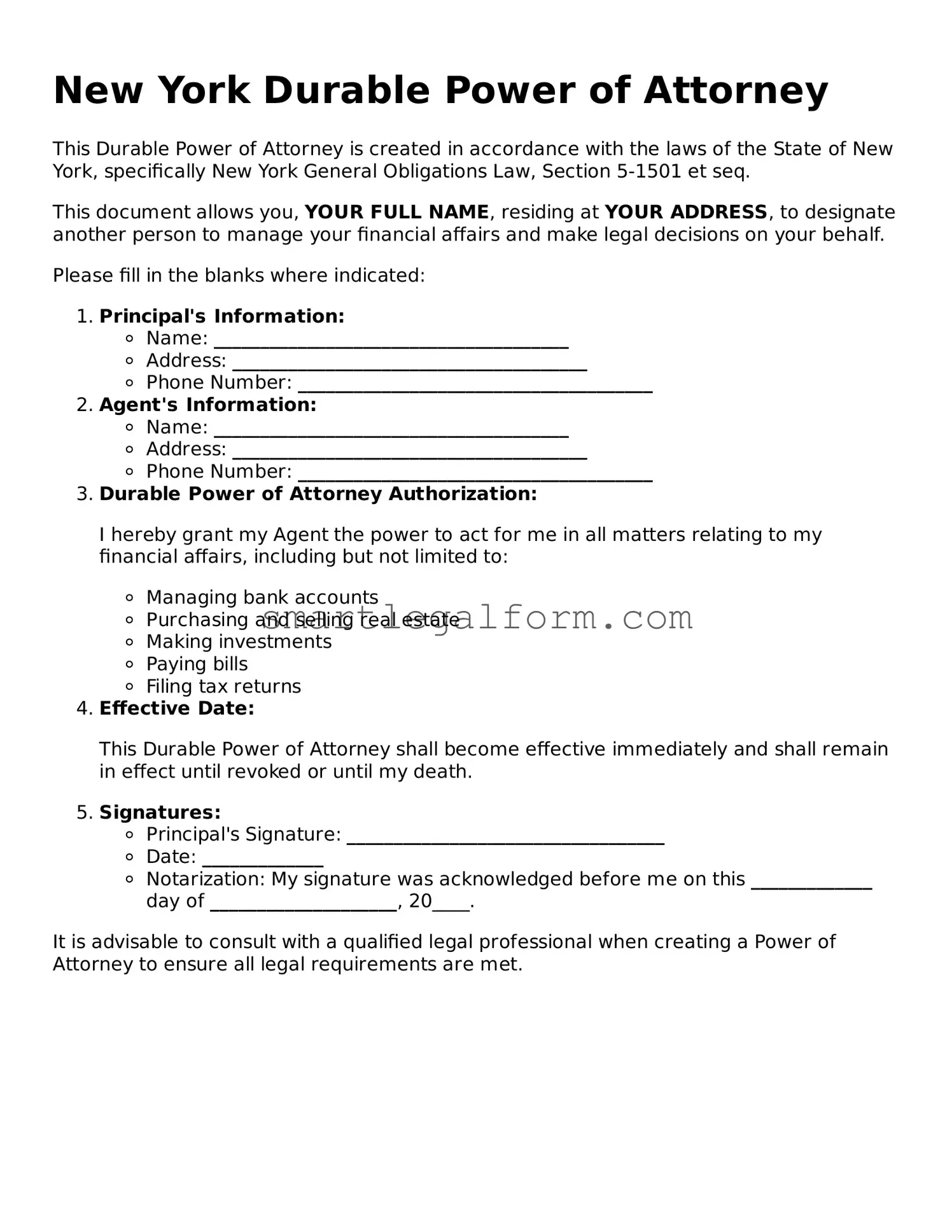 Printable New York Durable Power of Attorney Document