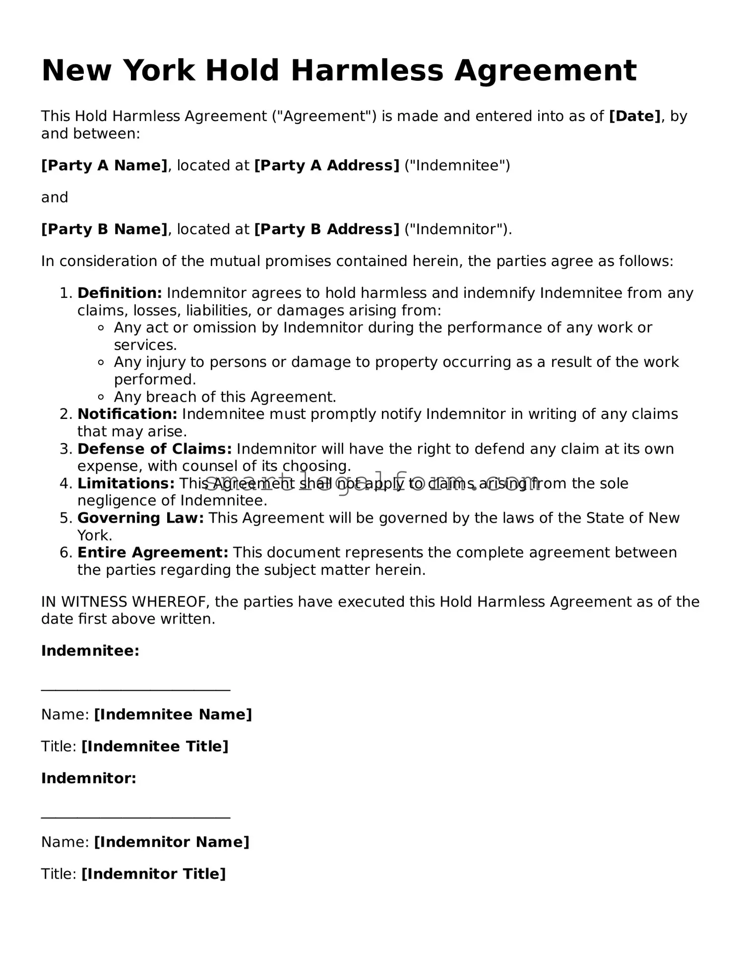 Printable New York Hold Harmless Agreement Document