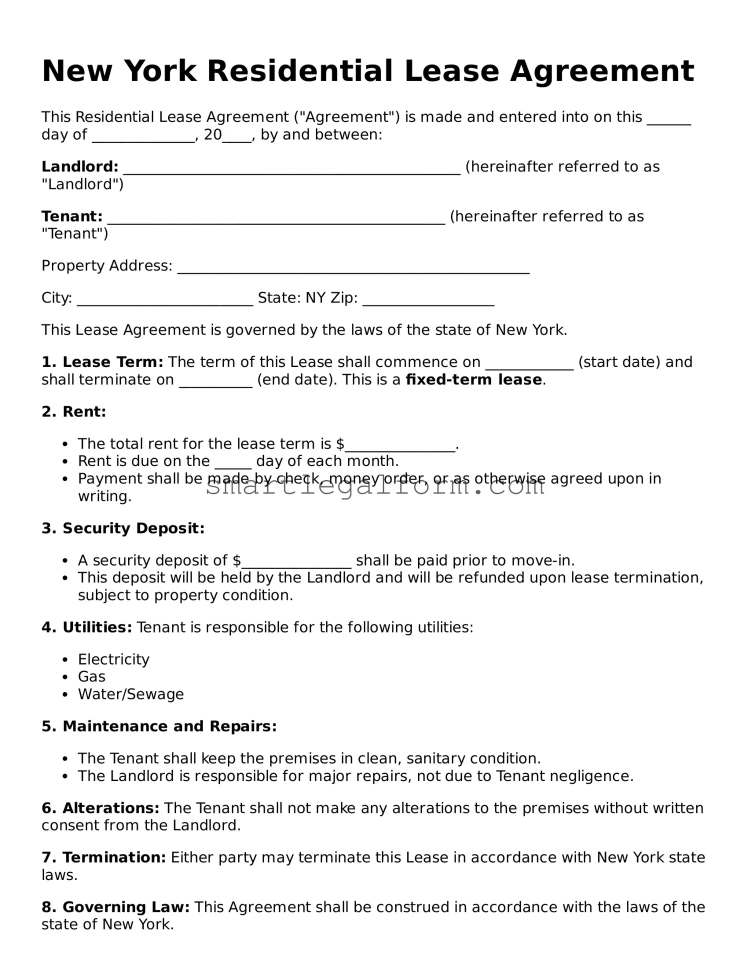 Printable New York Residential Lease Agreement Document