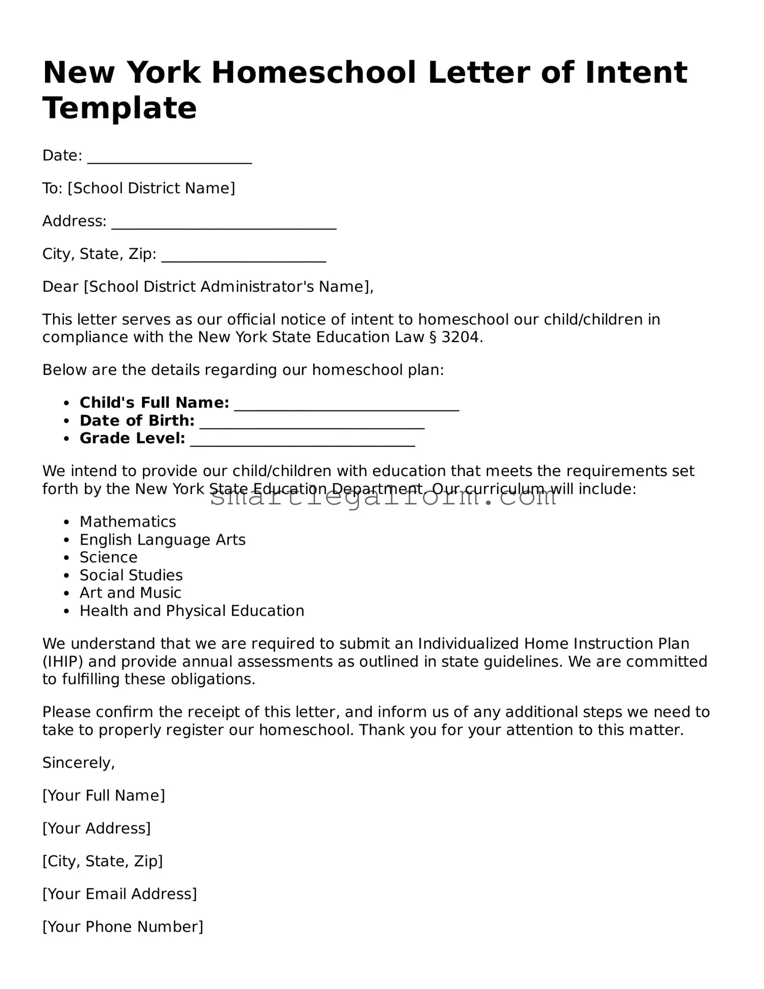 Printable New York Homeschool Letter of Intent Document