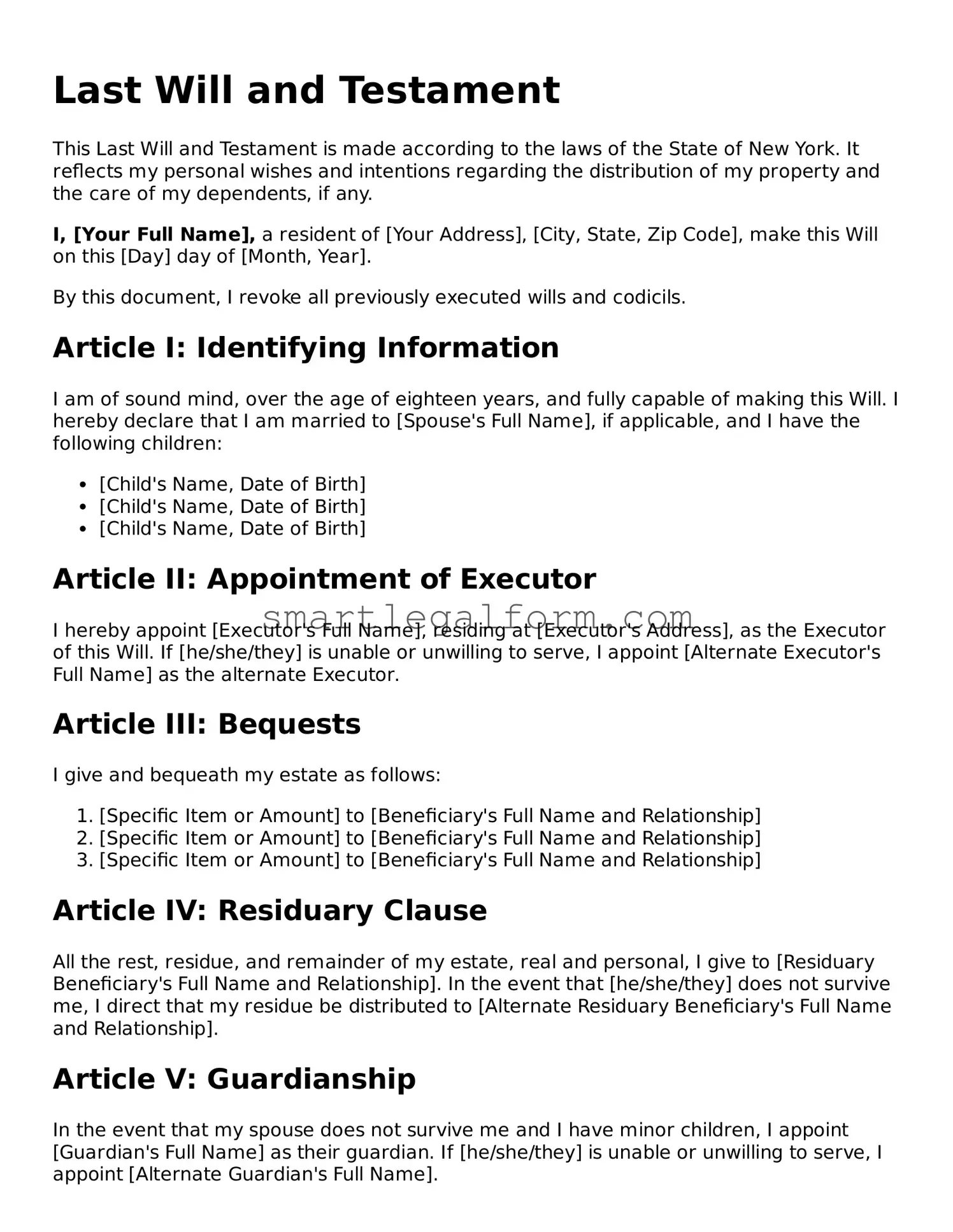 Printable New York Last Will and Testament Document