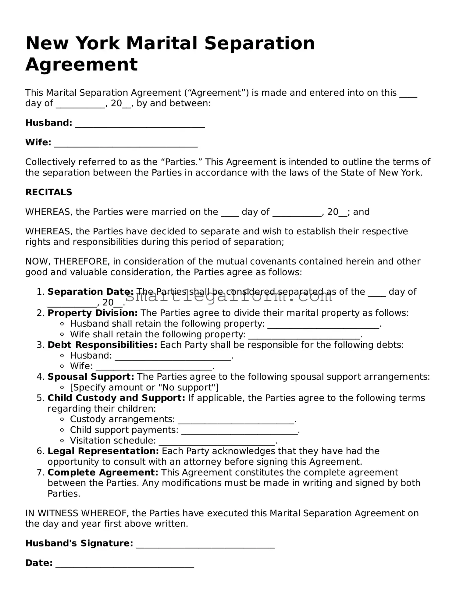 Printable New York Marital Separation Agreement Document