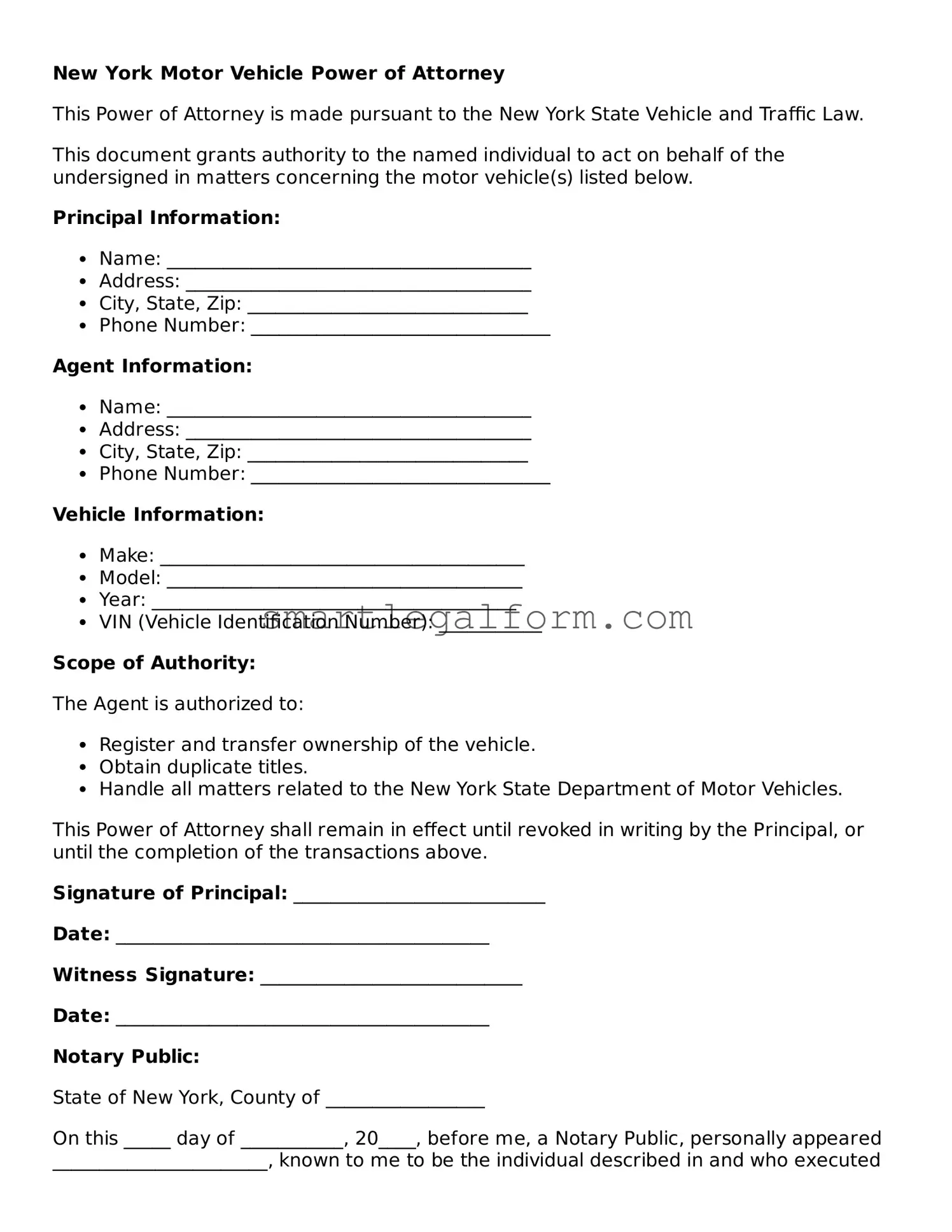 Printable New York Motor Vehicle Power of Attorney Document