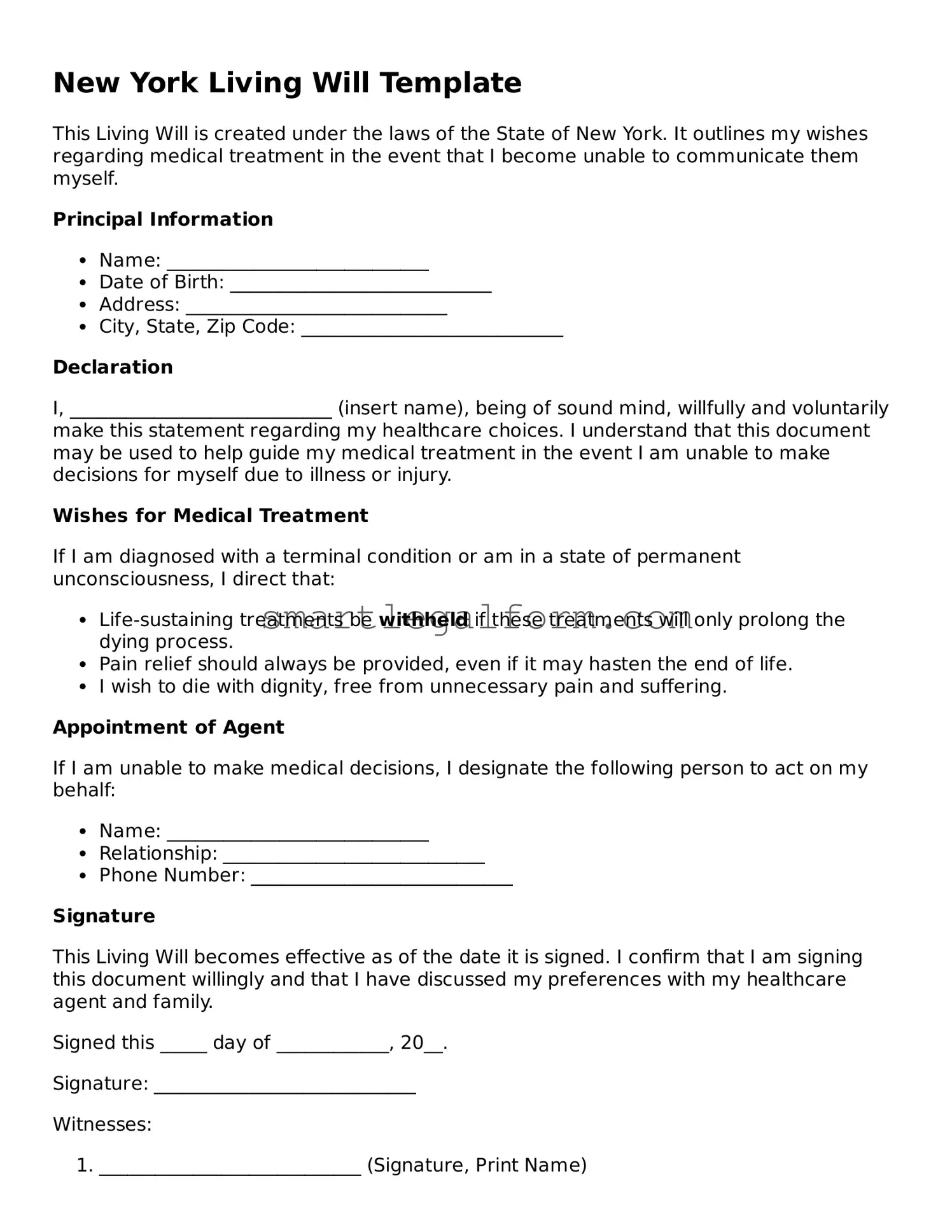 Printable New York Living Will Document