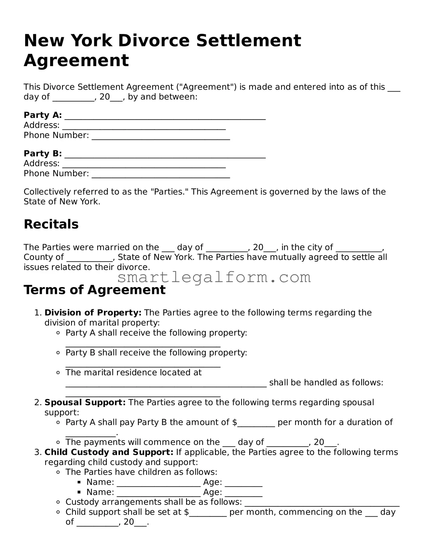 Printable New York Divorce Settlement Agreement Document