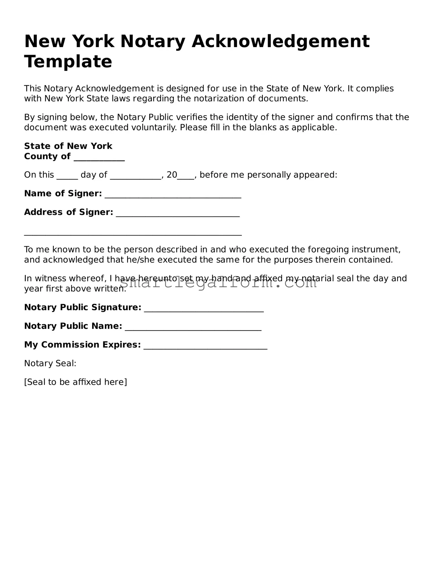 Printable New York Notary Acknowledgement Document