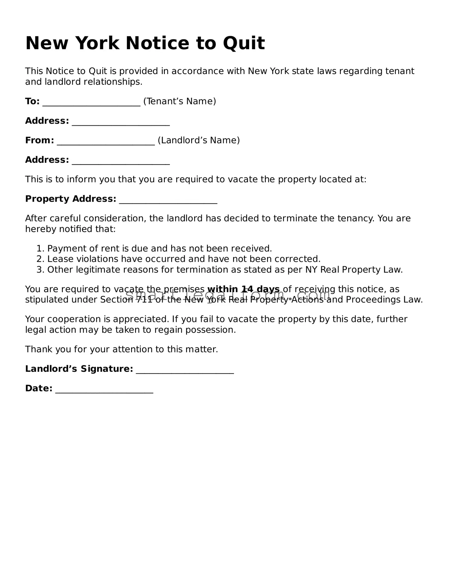 Printable New York Notice to Quit Document