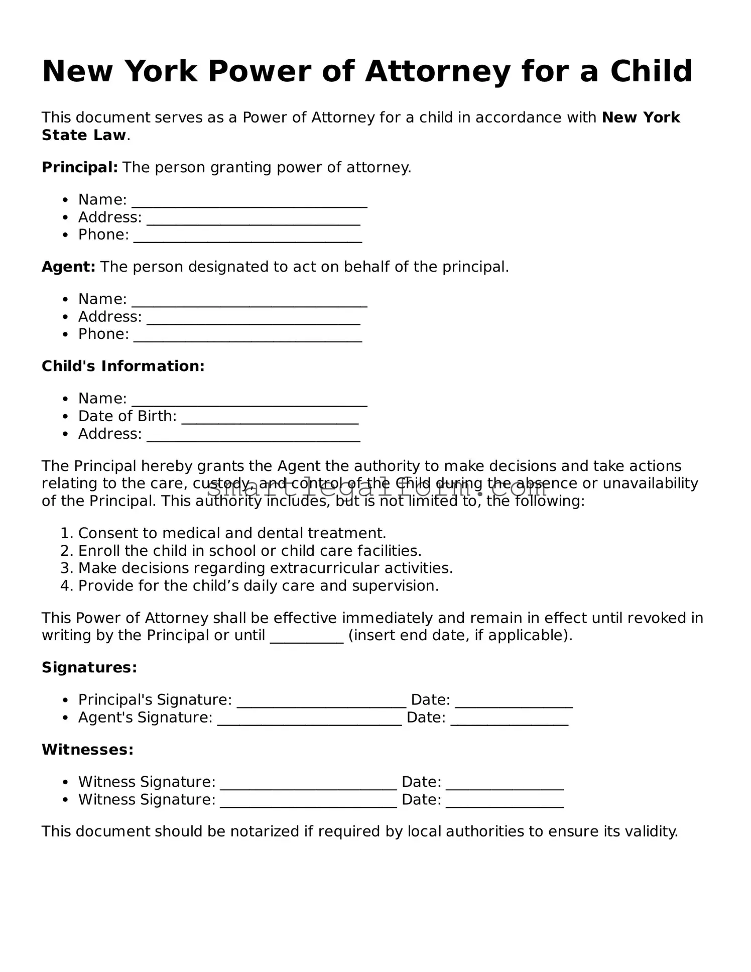 Printable New York Power of Attorney for a Child Document