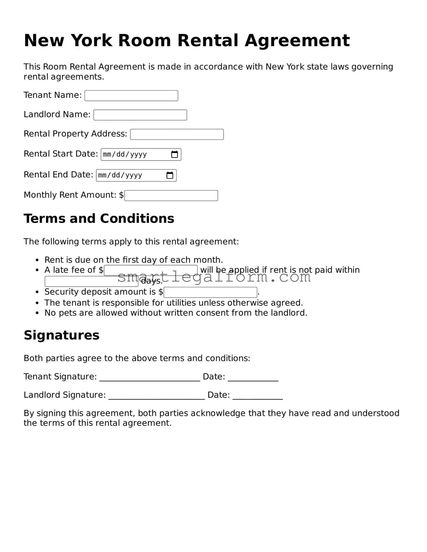 Printable New York Room Rental Agreement Document