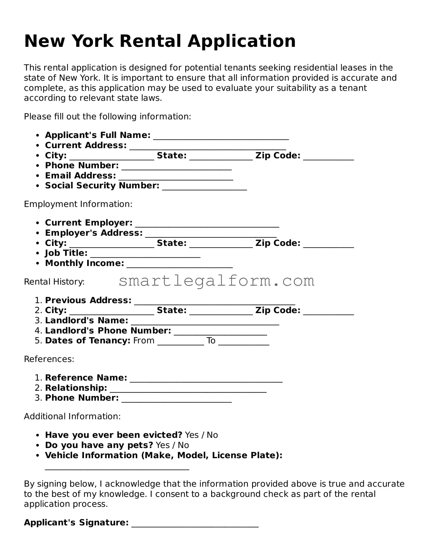 Printable New York Rental Application Document