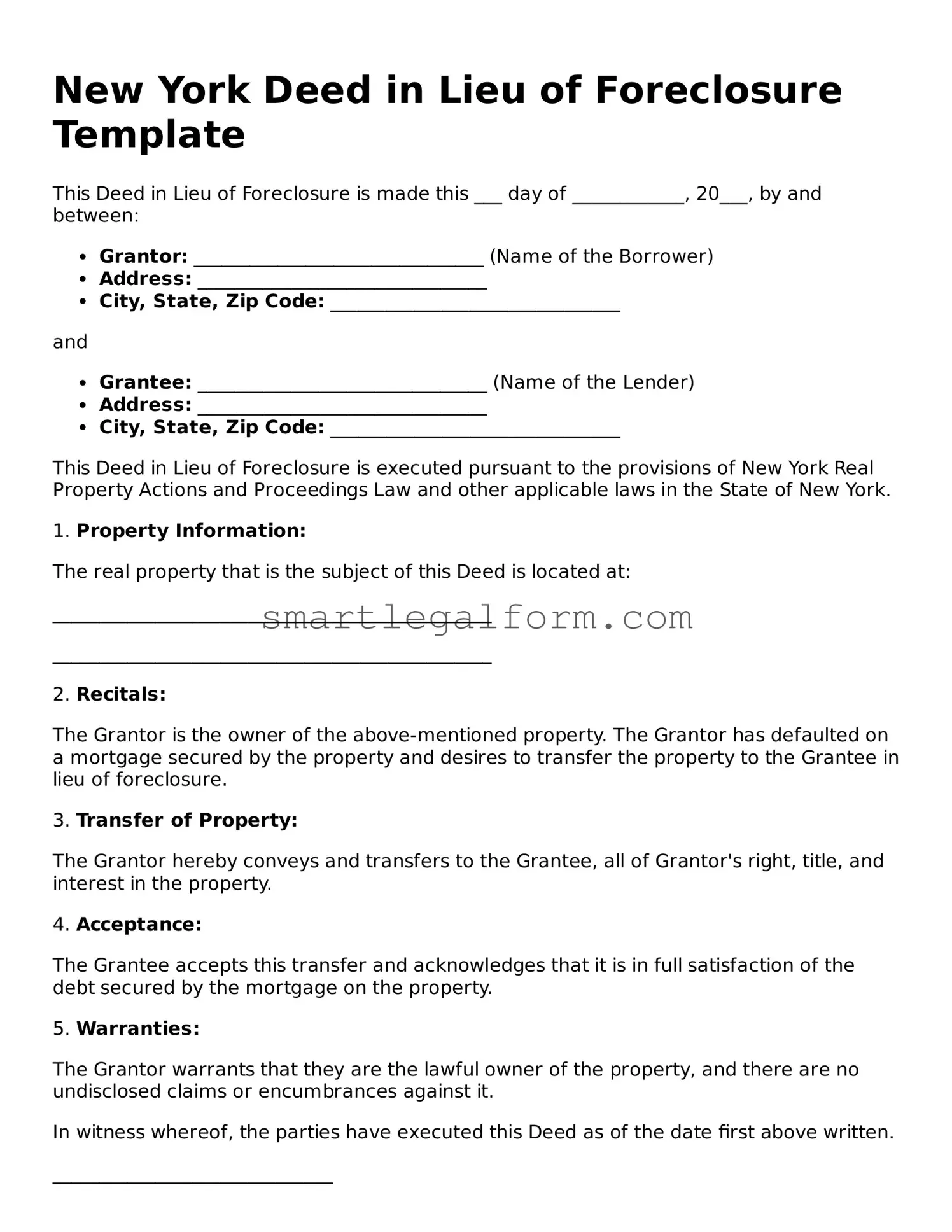 Printable New York Deed in Lieu of Foreclosure Document