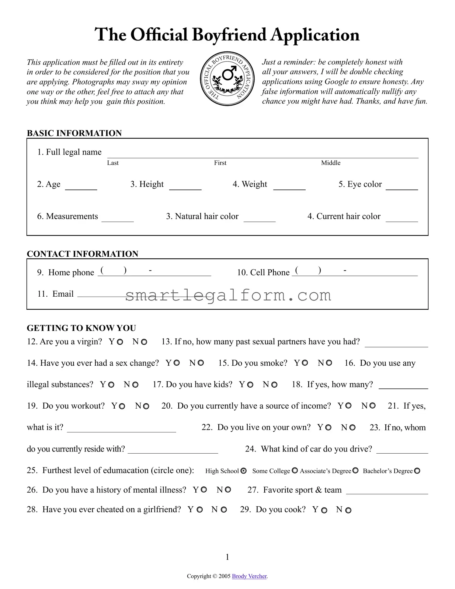Free Boyfriend application form Form