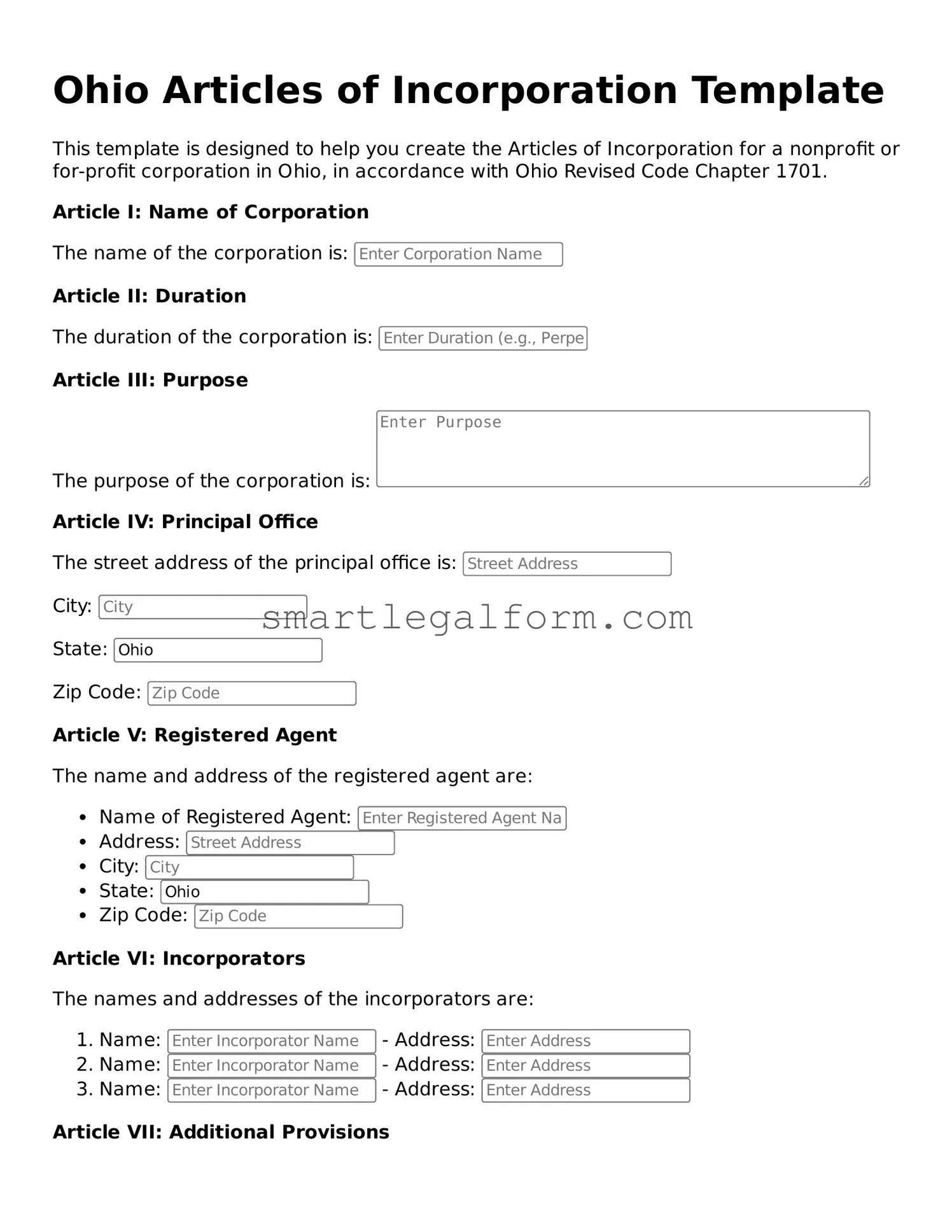 Printable Ohio Articles of Incorporation Document
