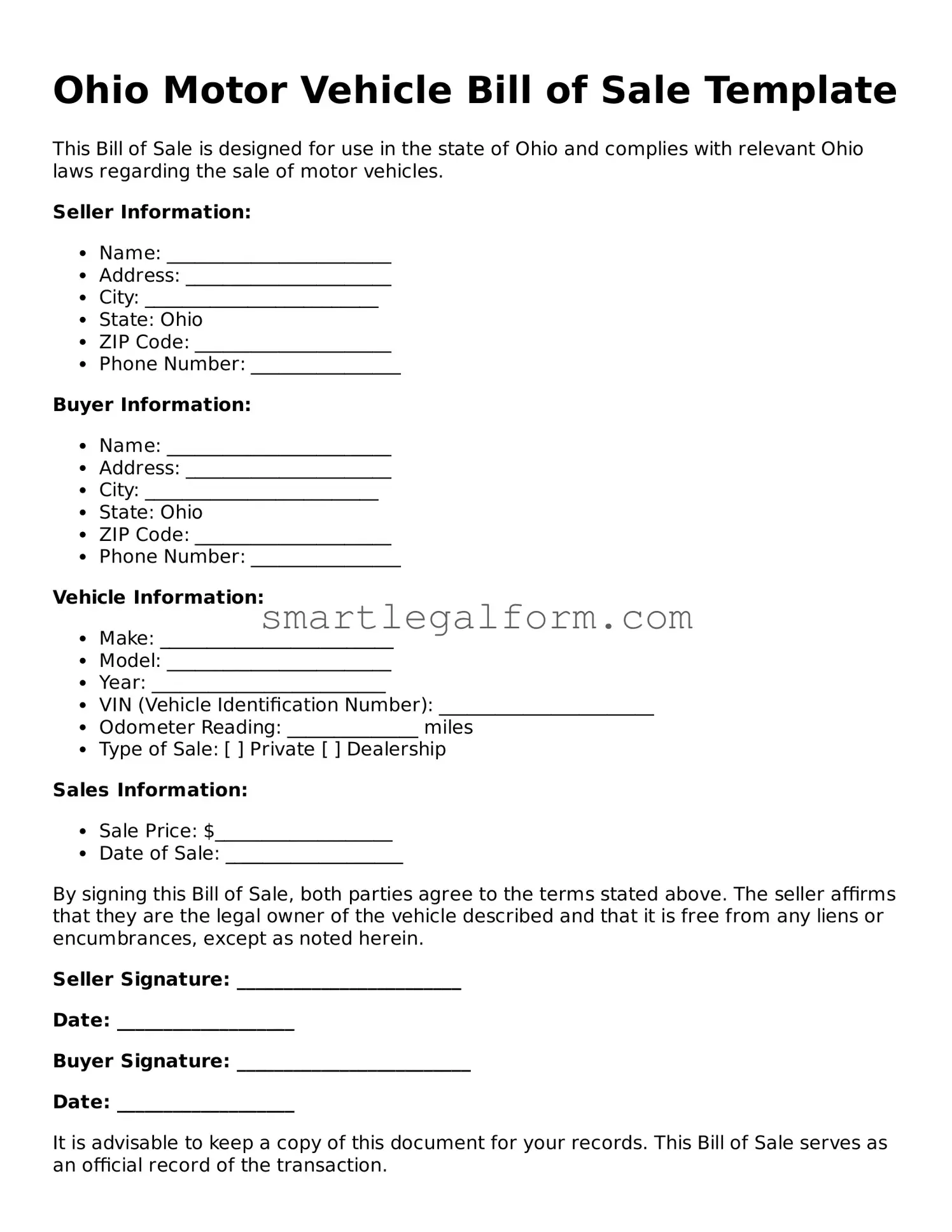 Printable Ohio Motor Vehicle Bill of Sale Document