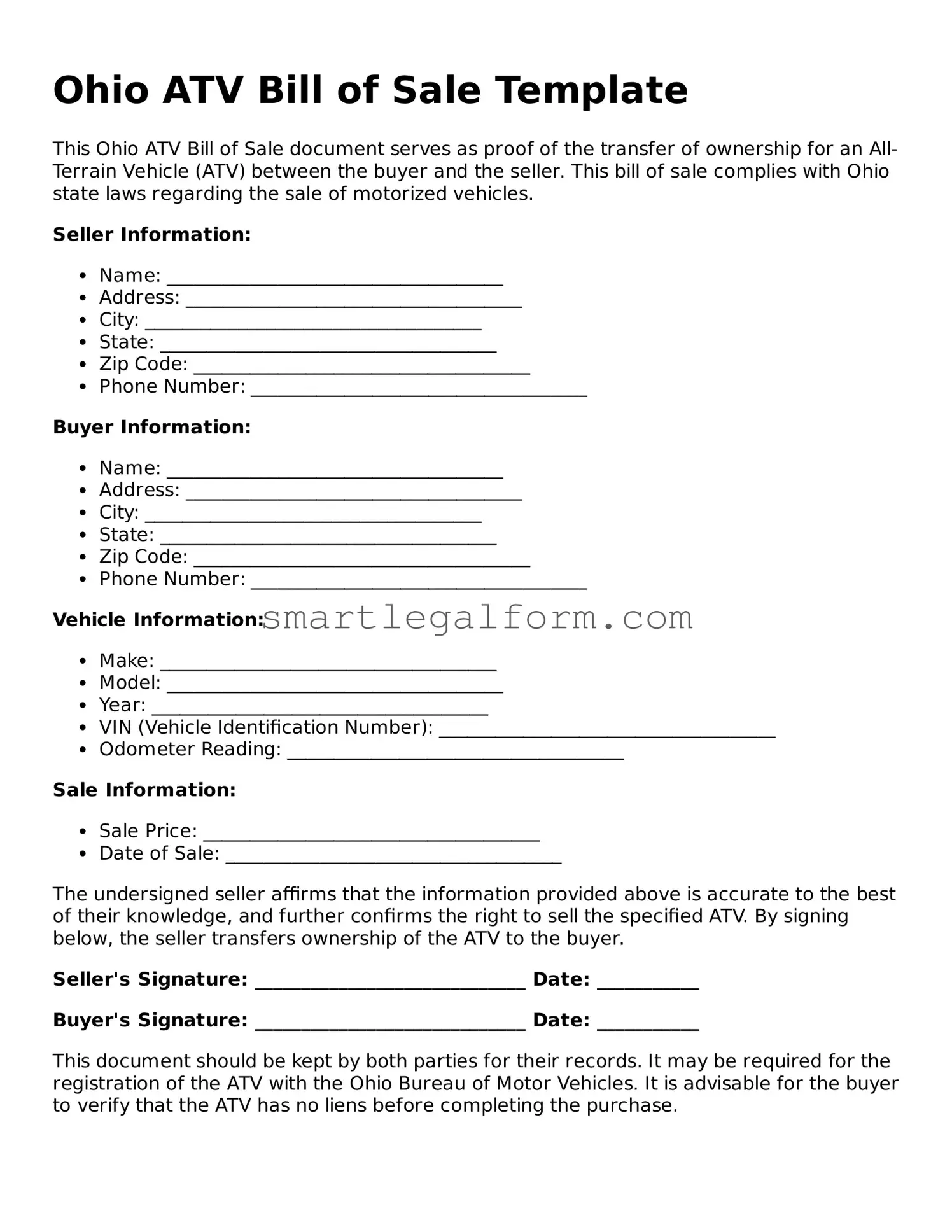 Printable Ohio ATV Bill of Sale Document