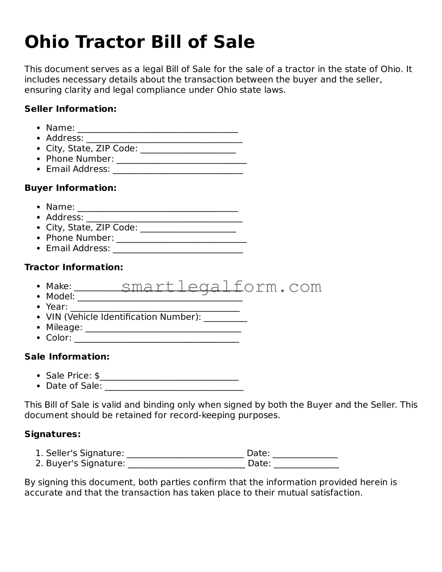 Printable Ohio Tractor Bill of Sale Document