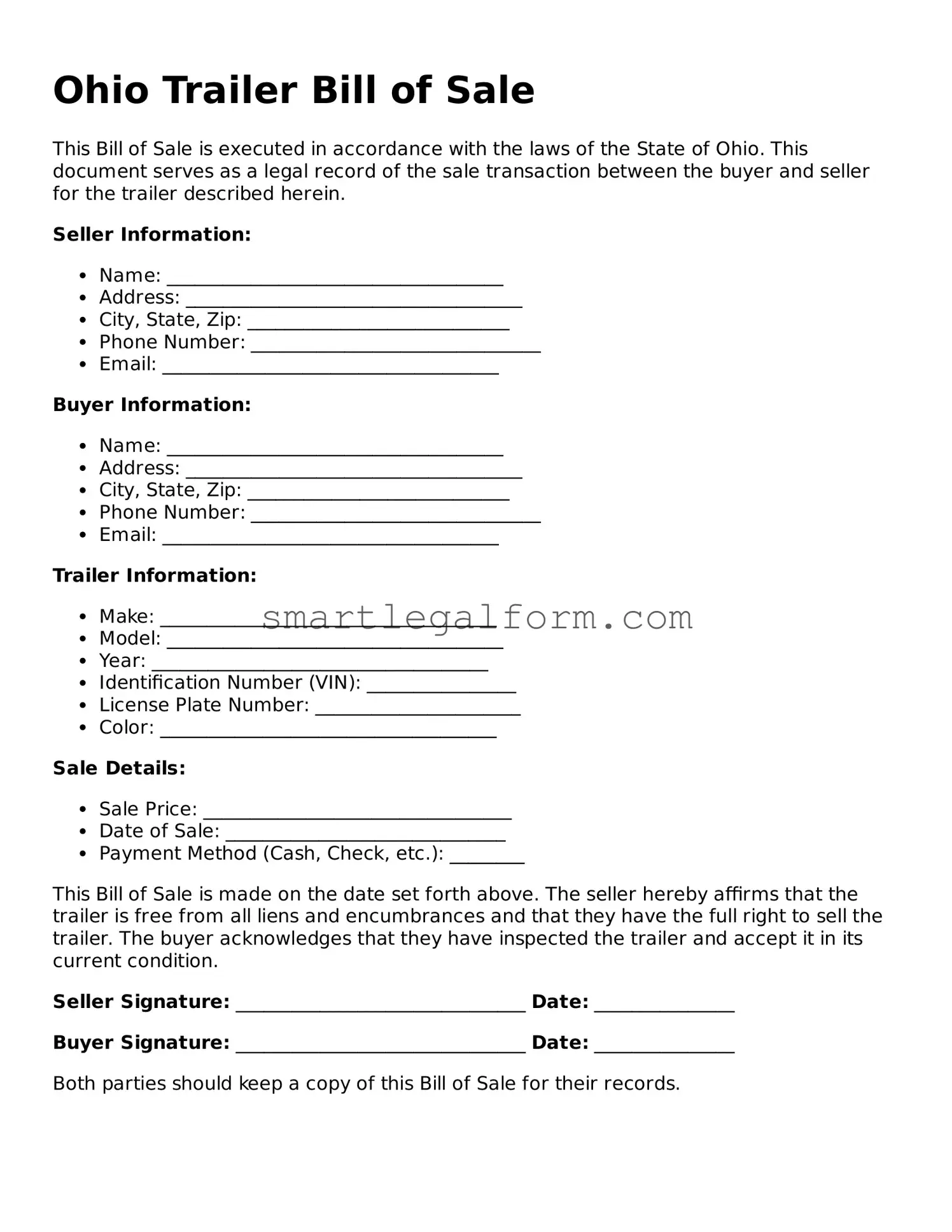 Printable Ohio Trailer Bill of Sale Document