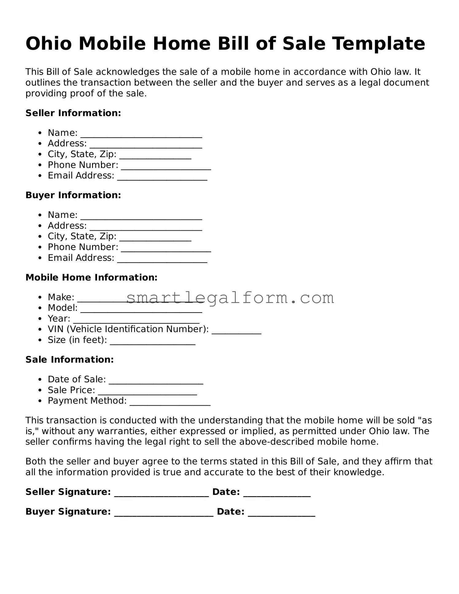 Printable Ohio Mobile Home Bill of Sale Document