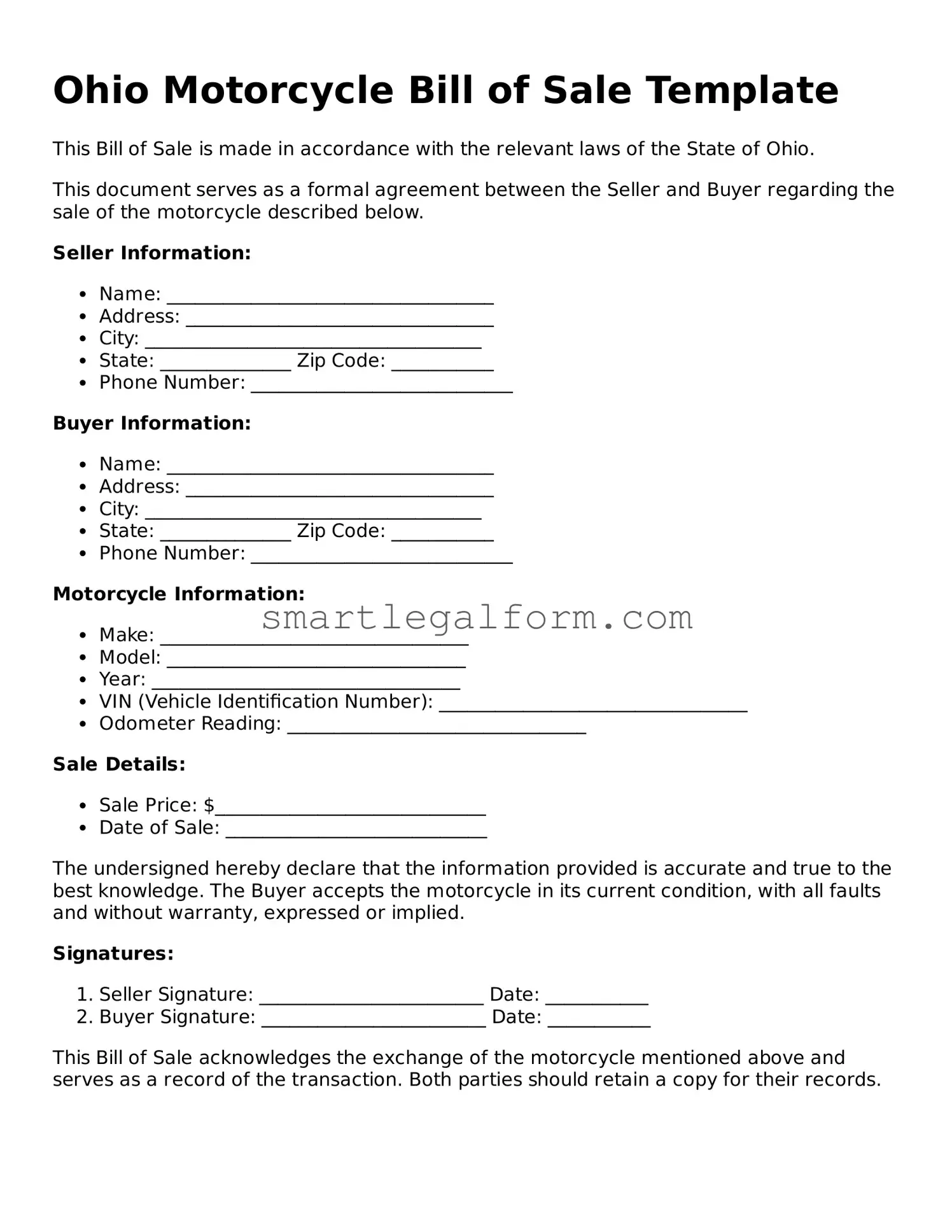 Printable Ohio Motorcycle Bill of Sale Document