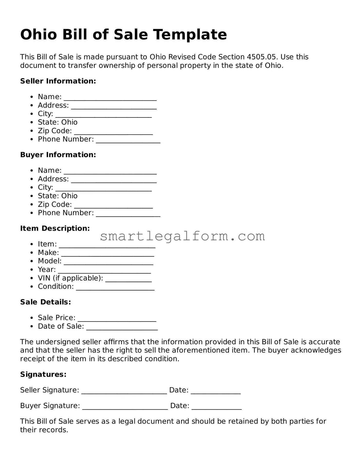 Printable Ohio Bill of Sale Document