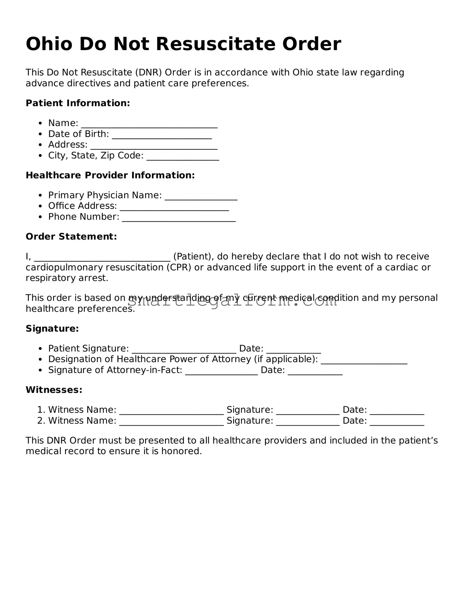 Printable Ohio Do Not Resuscitate Order Document