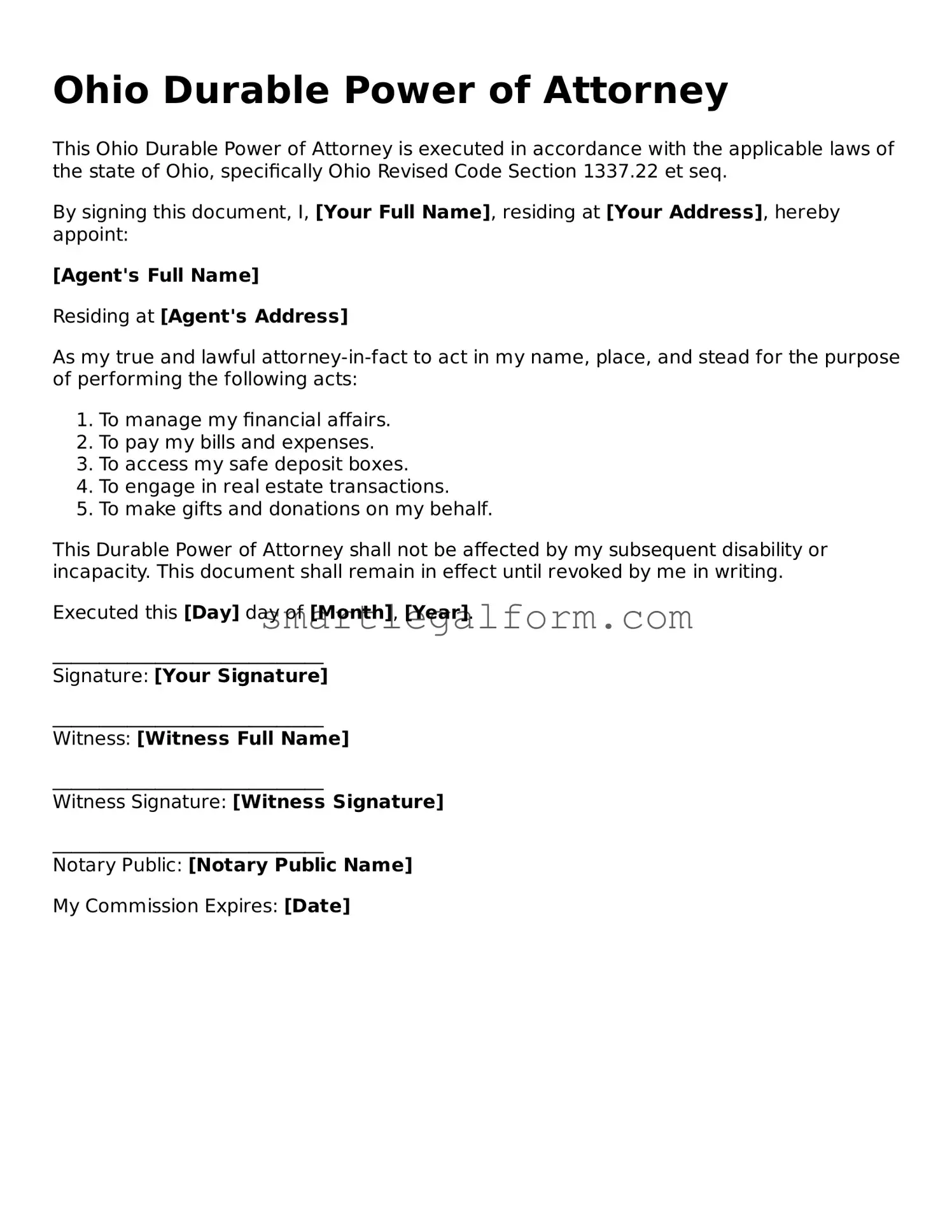 Printable Ohio Durable Power of Attorney Document