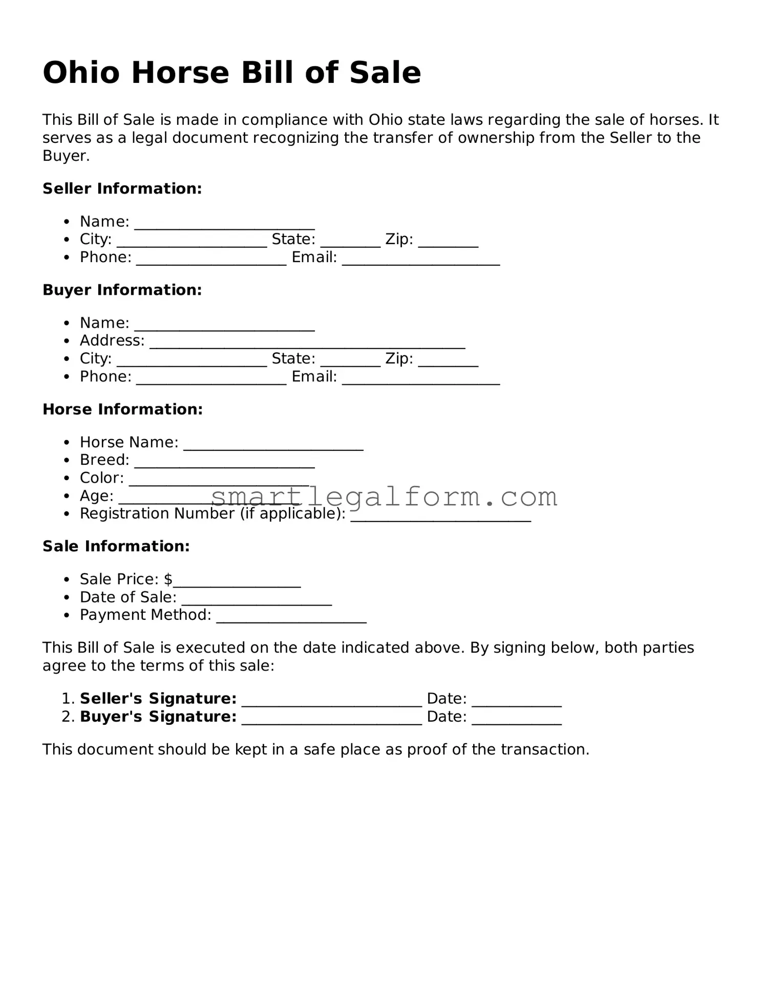 Printable Ohio Horse Bill of Sale Document