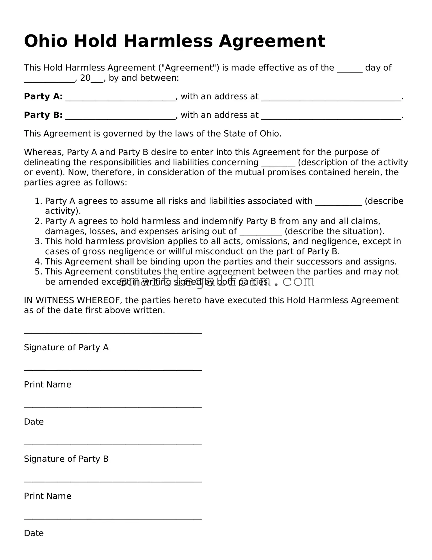 Printable Ohio Hold Harmless Agreement Document