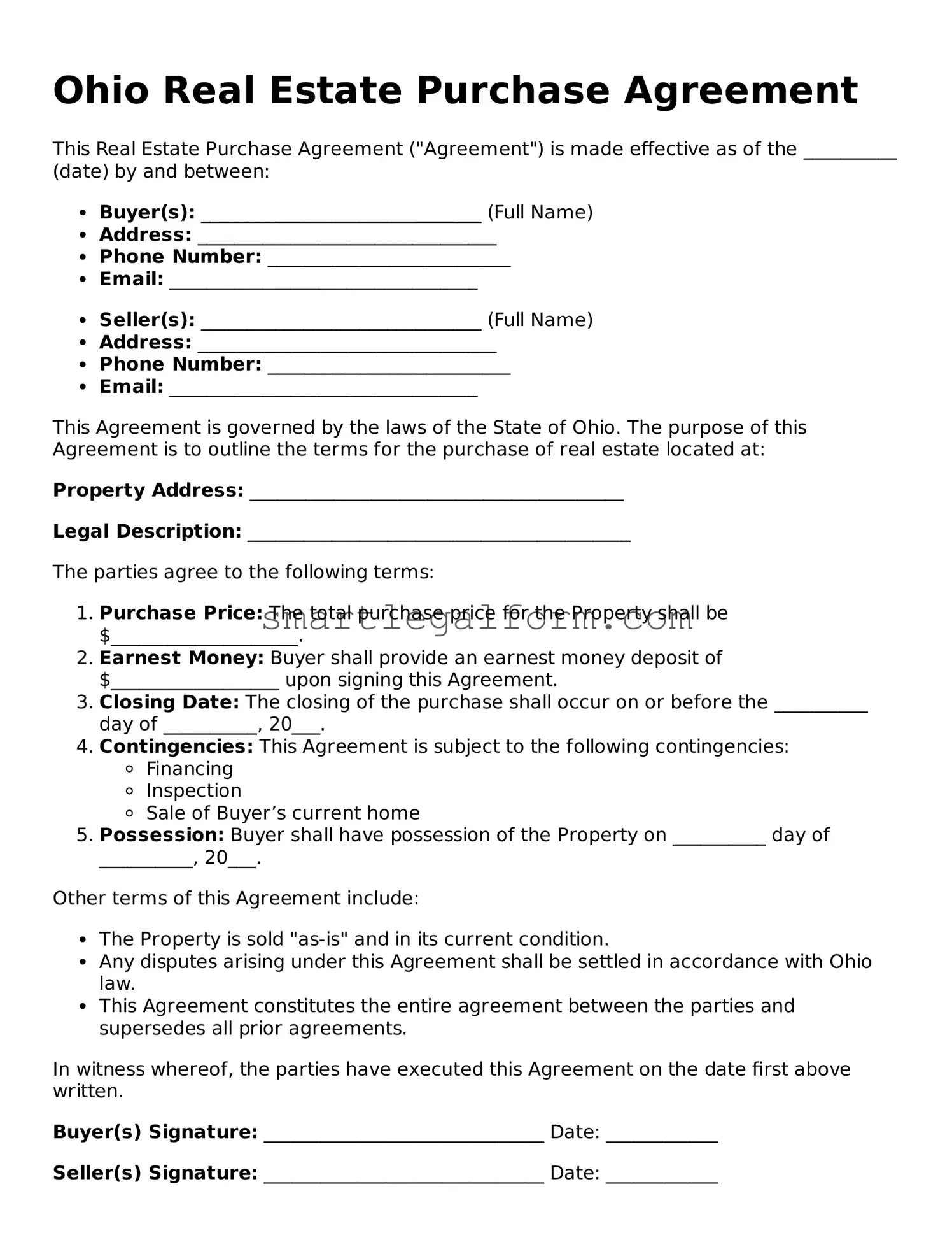 Printable Ohio Real Estate Purchase Agreement Document