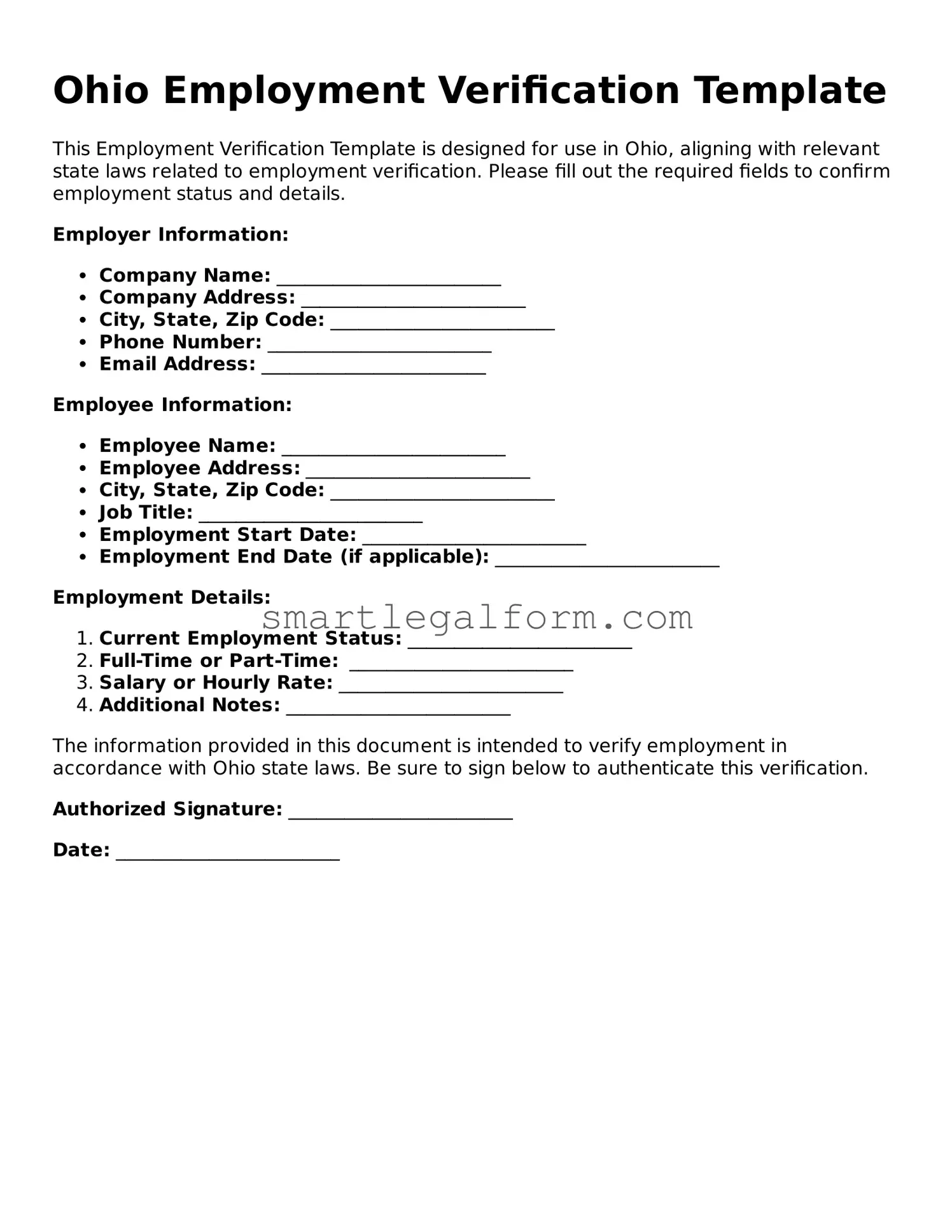 Printable Ohio Employment Verification Document