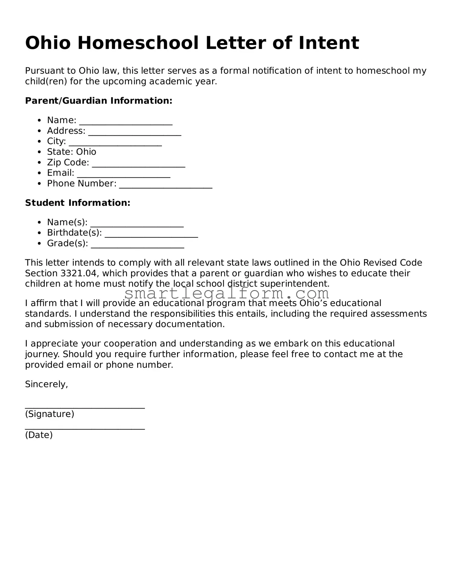 Printable Ohio Homeschool Letter of Intent Document